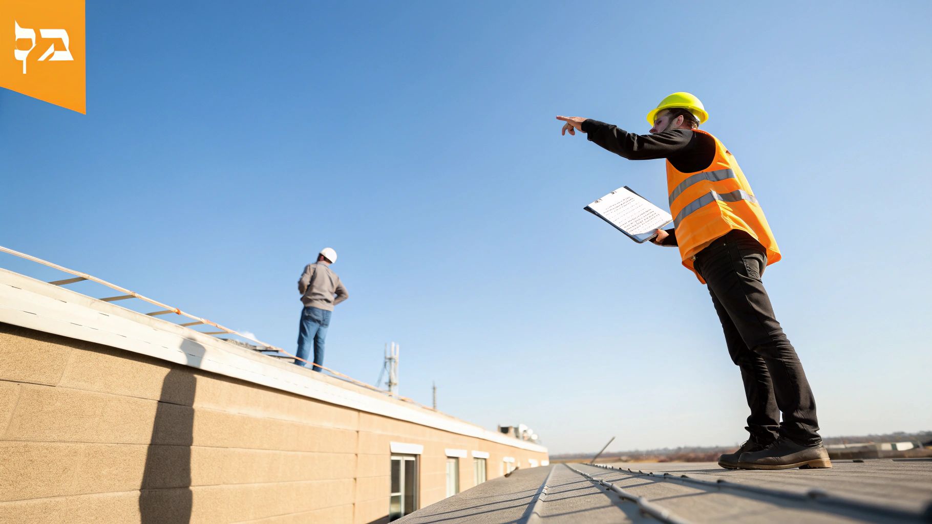 שני פועלי בניין עם קסדות על גג, אחד בוסט כתום מצביע ומחזיק קלסר, השני עומד מרחוק.