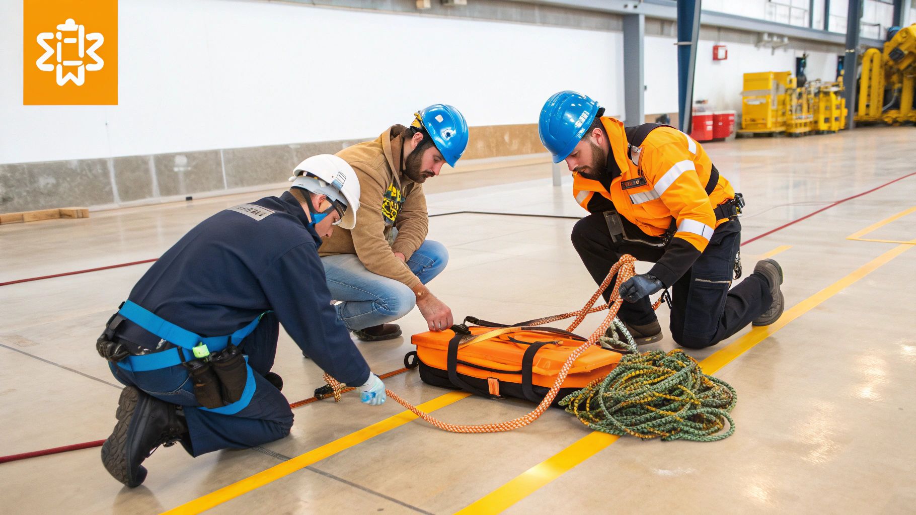 עובדים עם ציוד בטיחות מתכוננים לחילוץ או אימון, מנחים אלונקה וחבלים.
