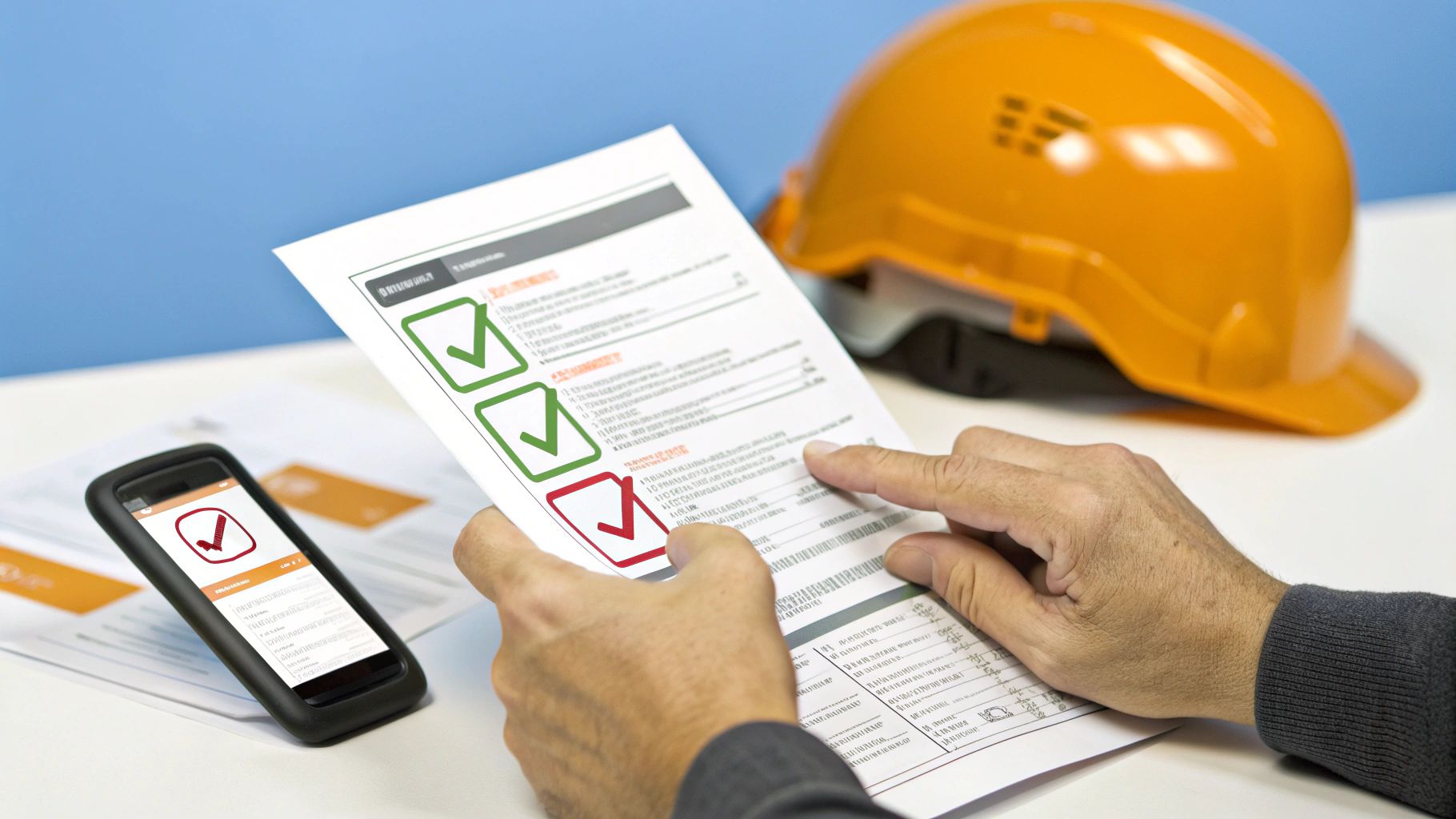 ידיים בוחנות טופס רשימת בדיקה עם סימוני וי, קסדת בטיחות כתומה וטלפון על השולחן.