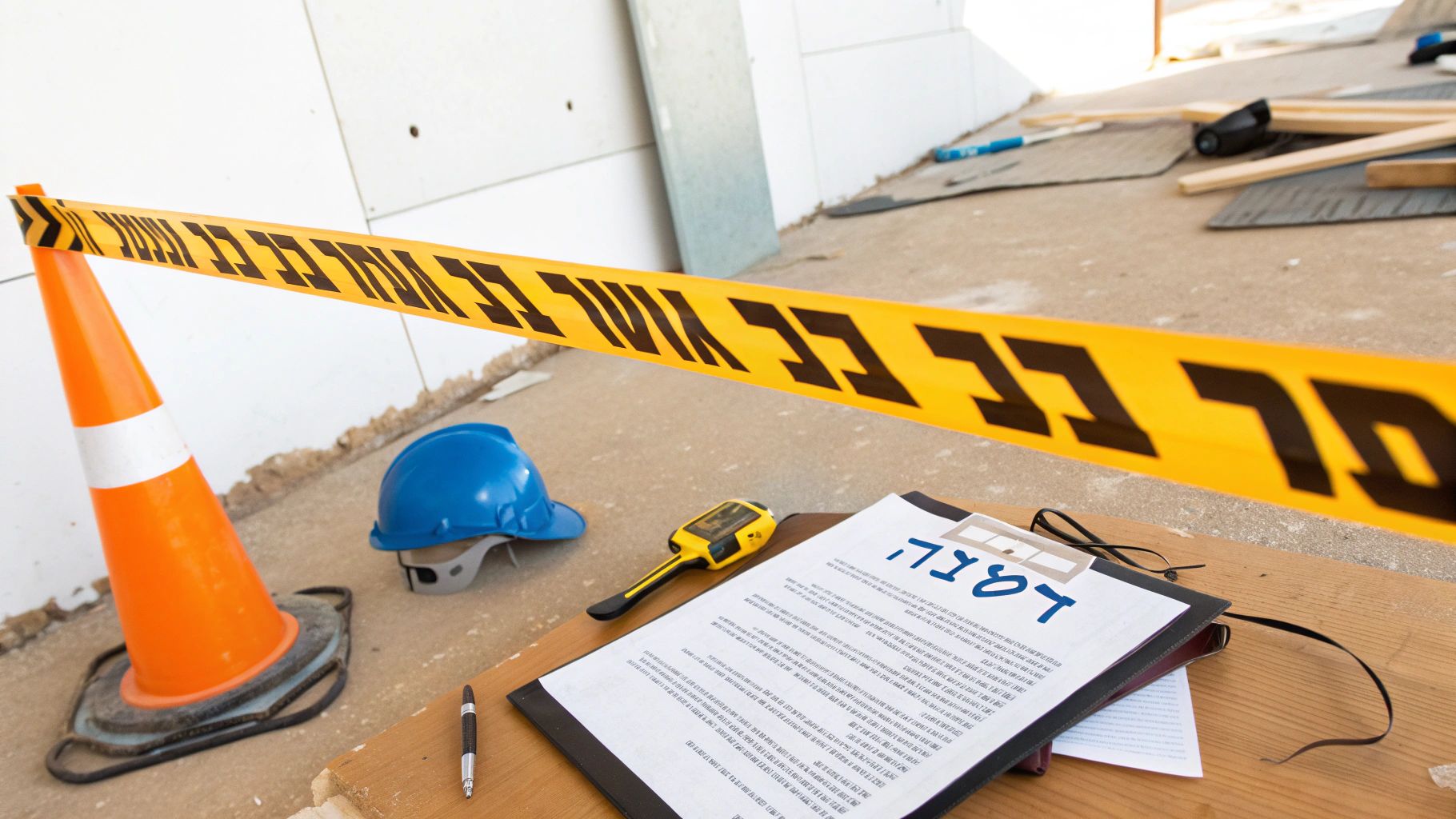 אתר בנייה עם סרט אזהרה צהוב, קונוס, קסדת מגן ומסמכים על שולחן עבודה.