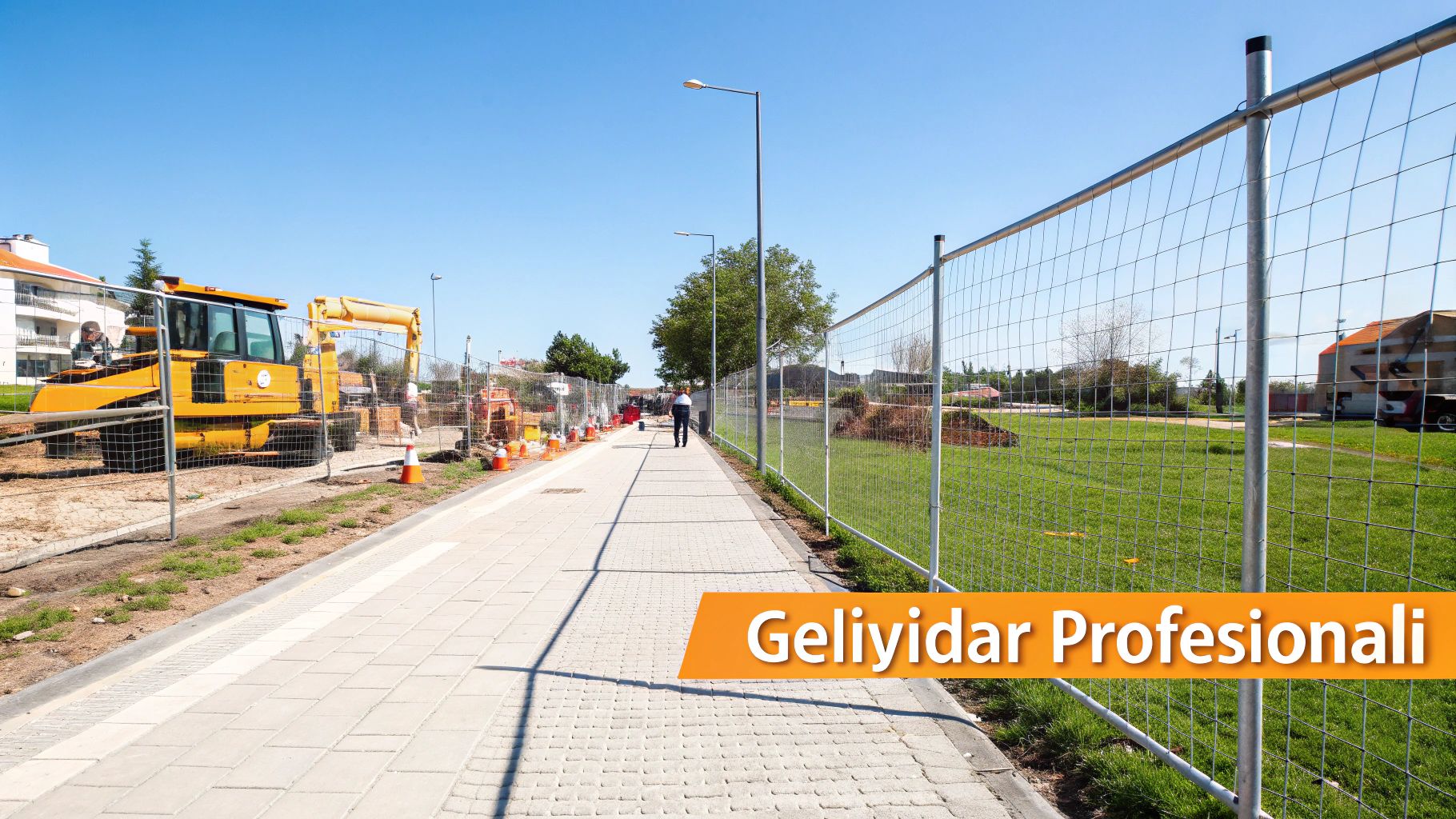 אתר בנייה מוקף גדר מתכת על רקע שמיים כחולים, עם שביל הליכה ומחפר צהוב.