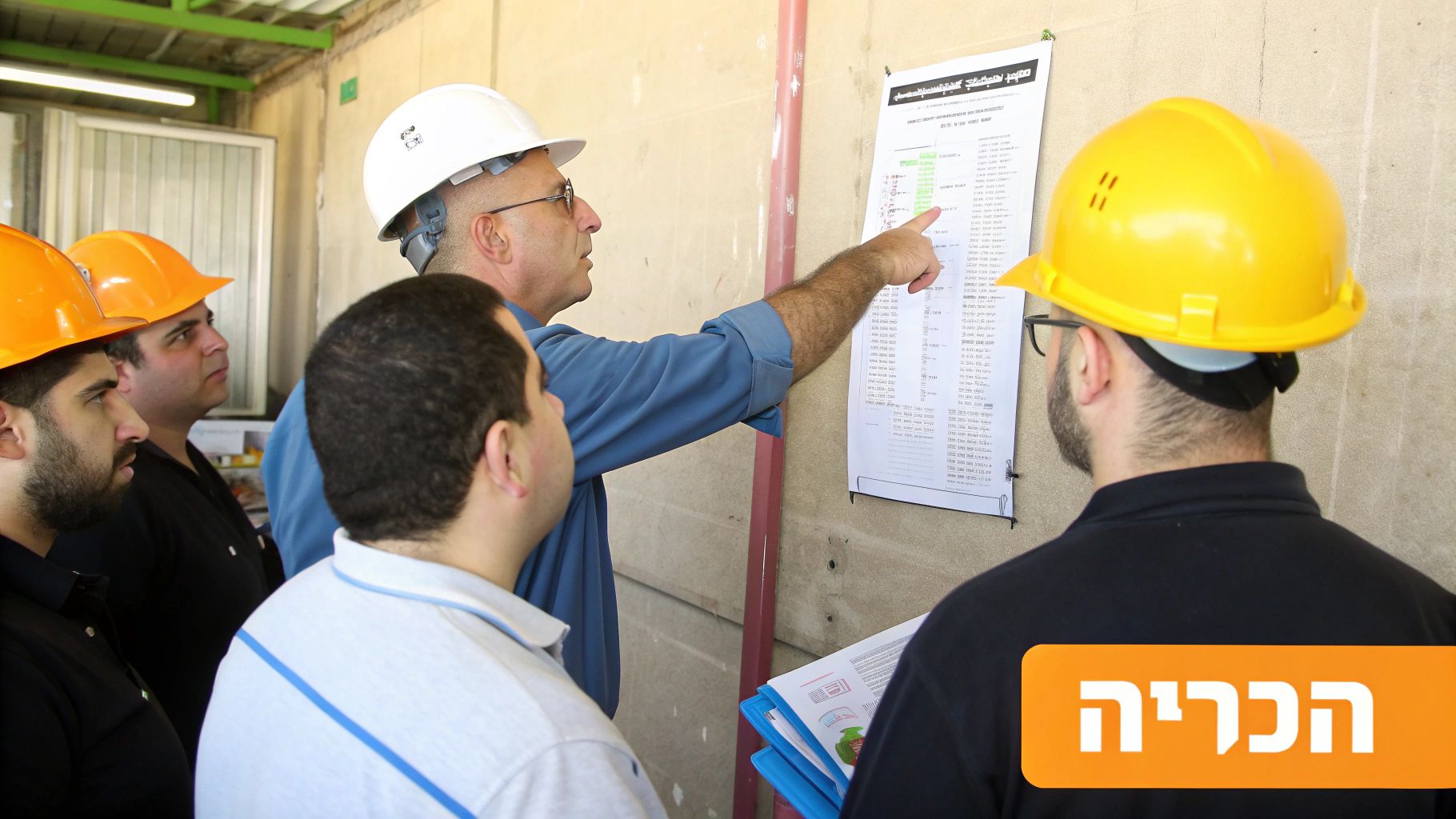 קבוצת עובדים בקסדות בטיחות באתר בנייה, דנים בתקנות ובבטיחות בעבודה.