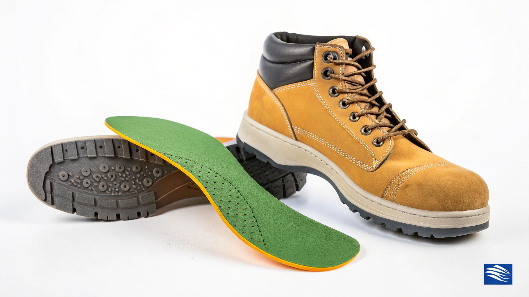 מגפי עבודה חומים עמידים לצד מדרס אורטופדי ירוק המספק תמיכה ונוחות.