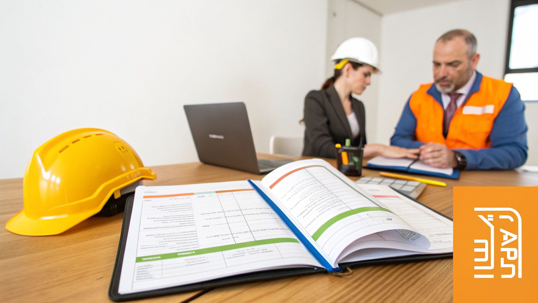 קורס ממונה בטיחות: שני אנשי מקצוע עם קסדות, דנים במסמכים על שולחן עץ.