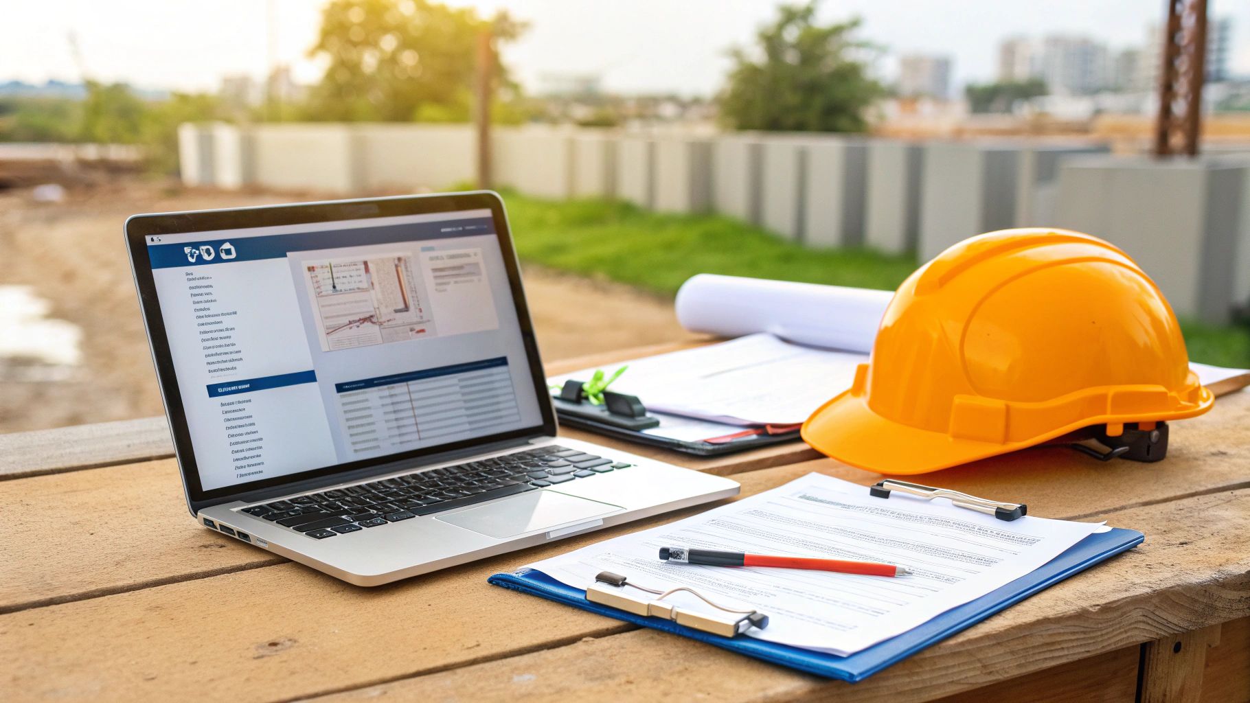 מחשב נייד, קסדת בטיחות כתומה ומסמכים מונחים על שולחן עץ באתר בנייה, המייצגים תכנון וניהול.