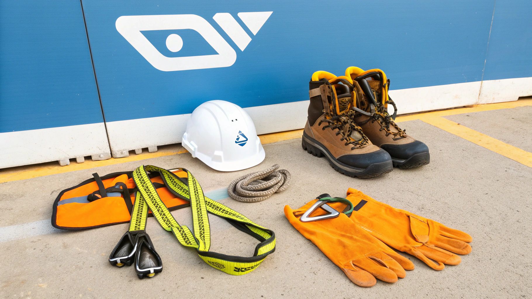 ציוד מגן אישי הכולל קסדה, מגפי עבודה, כפפות ורתמת בטיחות מונח על הקרקע.