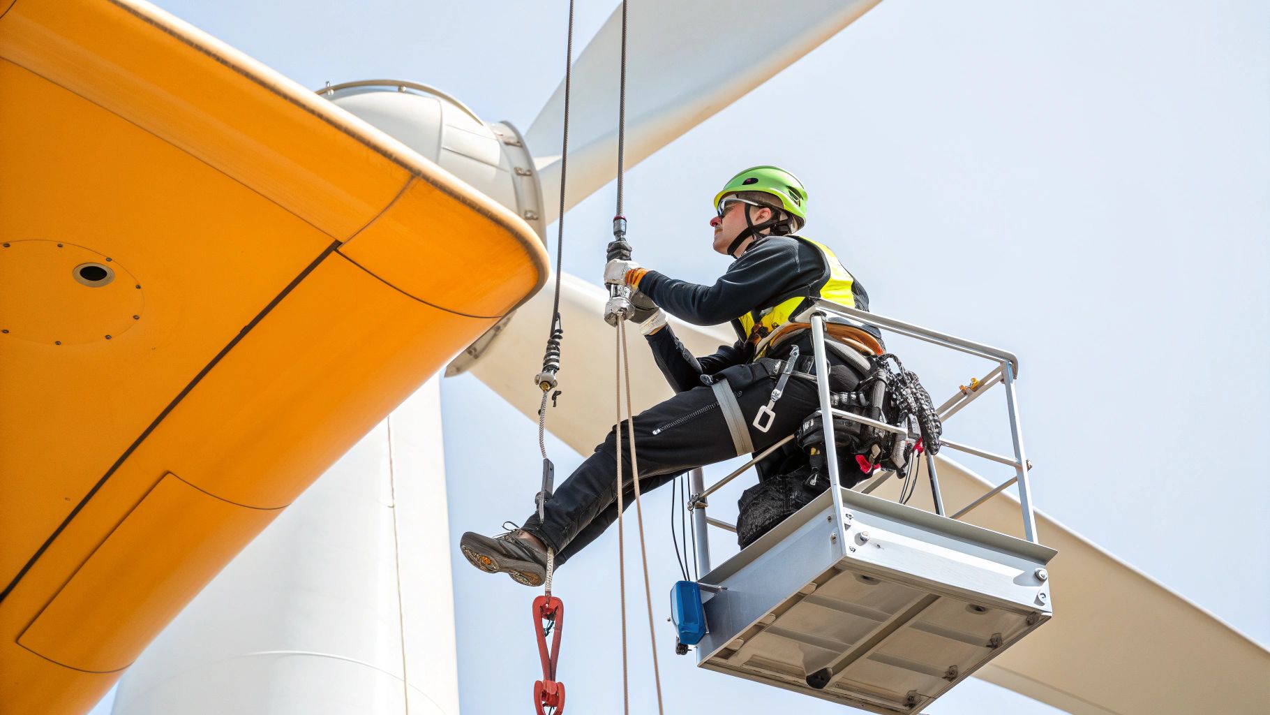 עובד תחזוקה בודק טורבינת רוח בגובה רב ממעלית סל, לבוש ציוד בטיחות.
