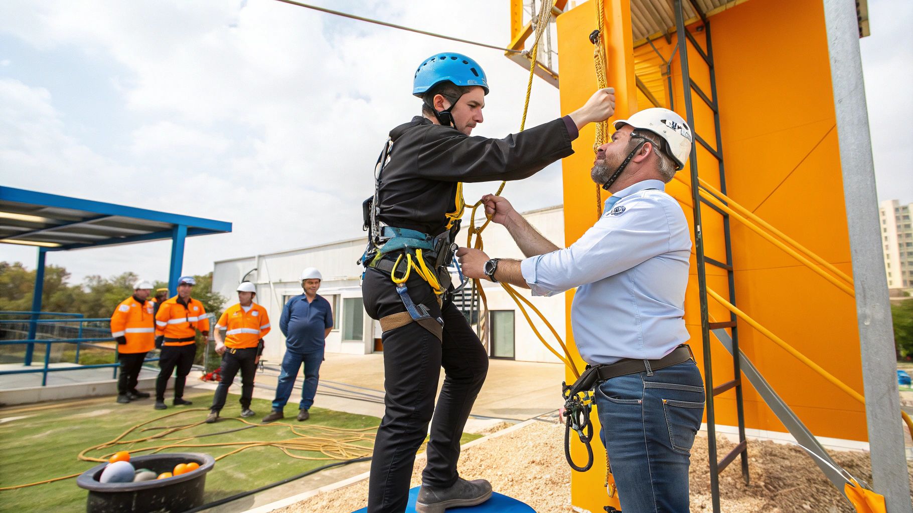 שני גברים בציוד בטיחות, כולל קסדות ורתמות, מתאמנים על מתקן תגובה עם מדריך.