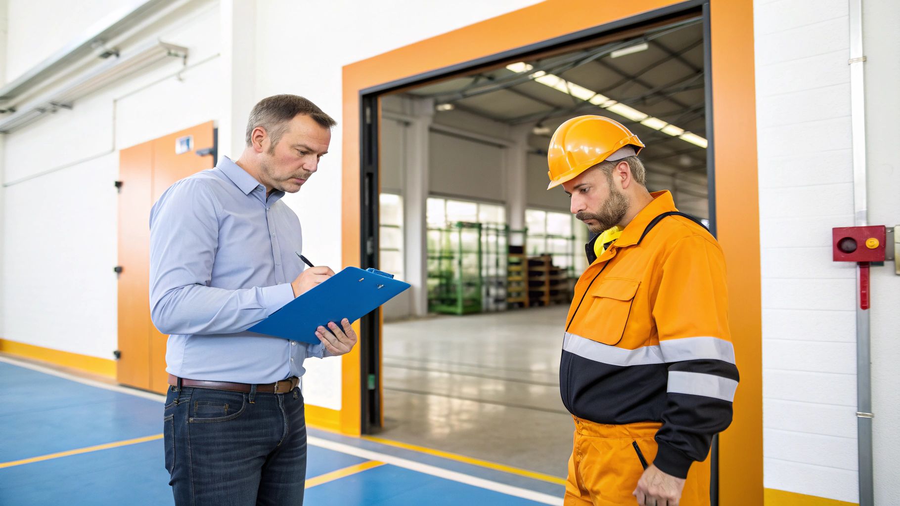 שני מנהלים באתר תעשייתי דנים בבטיחות עבודה, אחד רושם הערות בלוח כתיבה.