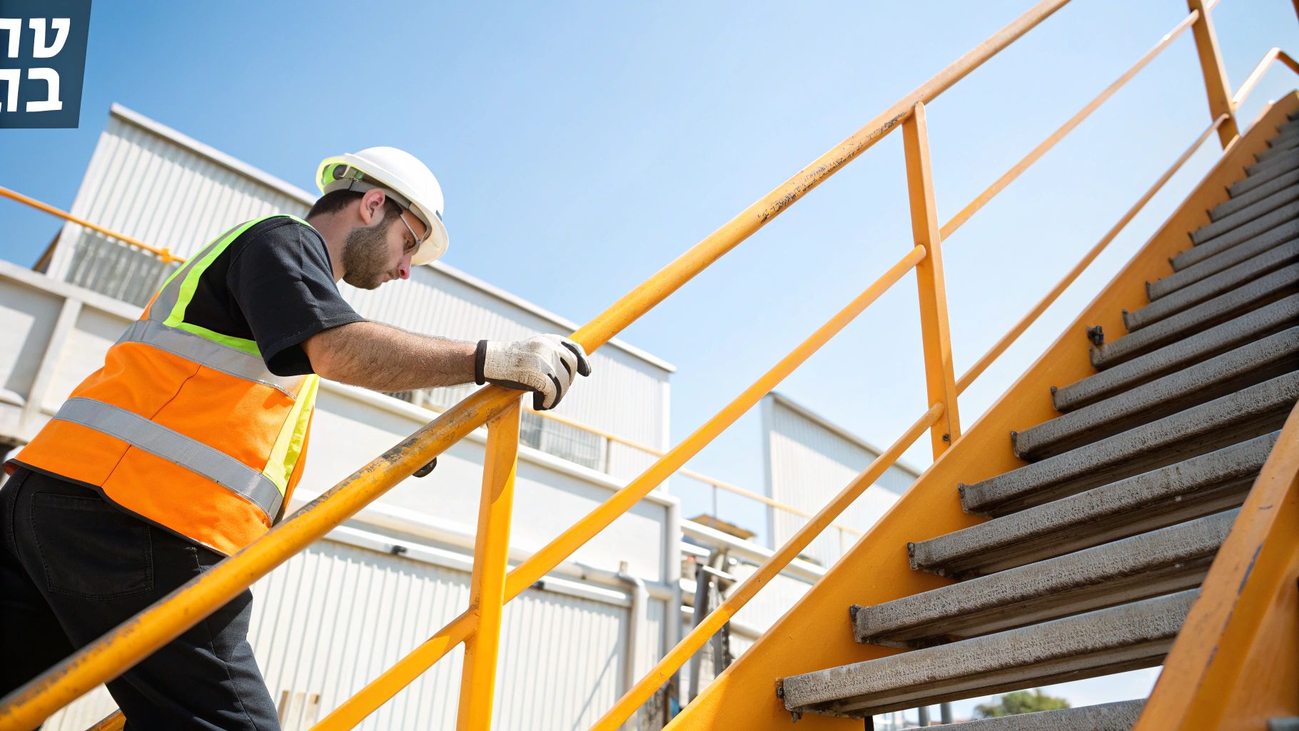 גבר עם קסדה לבנה ואפוד בטיחות כתום עולה במדרגות צהובות גבוהות ביום שמש.