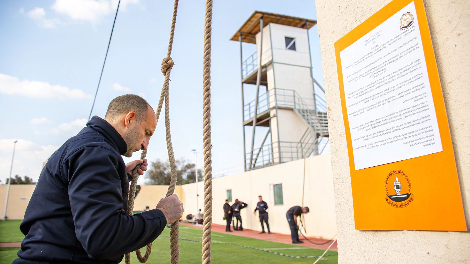 גבר ממוקד אוחז בחבלים על אימון מעשי בעבודה בגובה, עם מגדל שמירה ברקע.