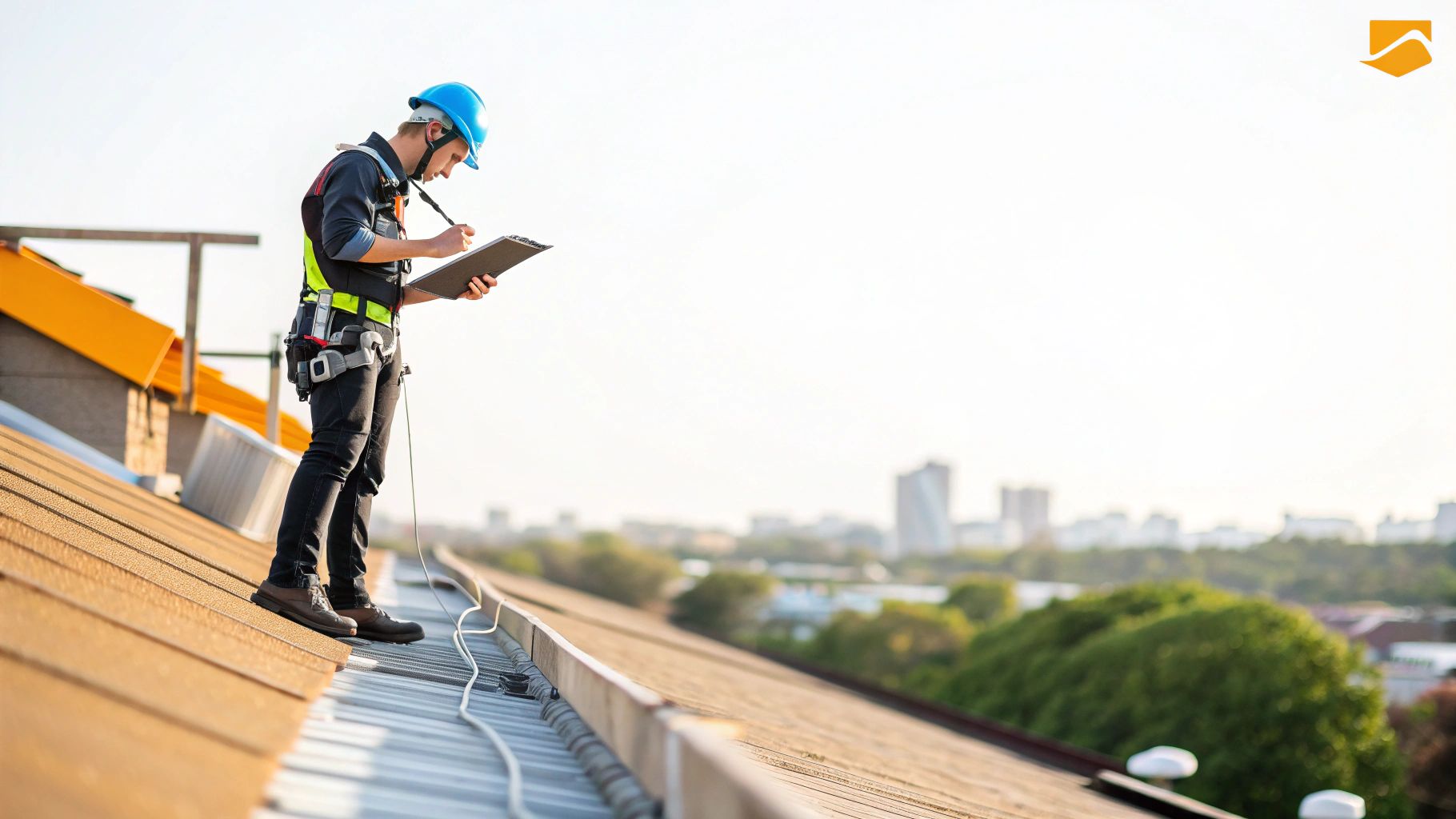 גבר עם קסדה כחולה ורתמת בטיחות עומד על גג משופע, בודק מסמכים בקלסר, עם נוף עירוני ברקע.