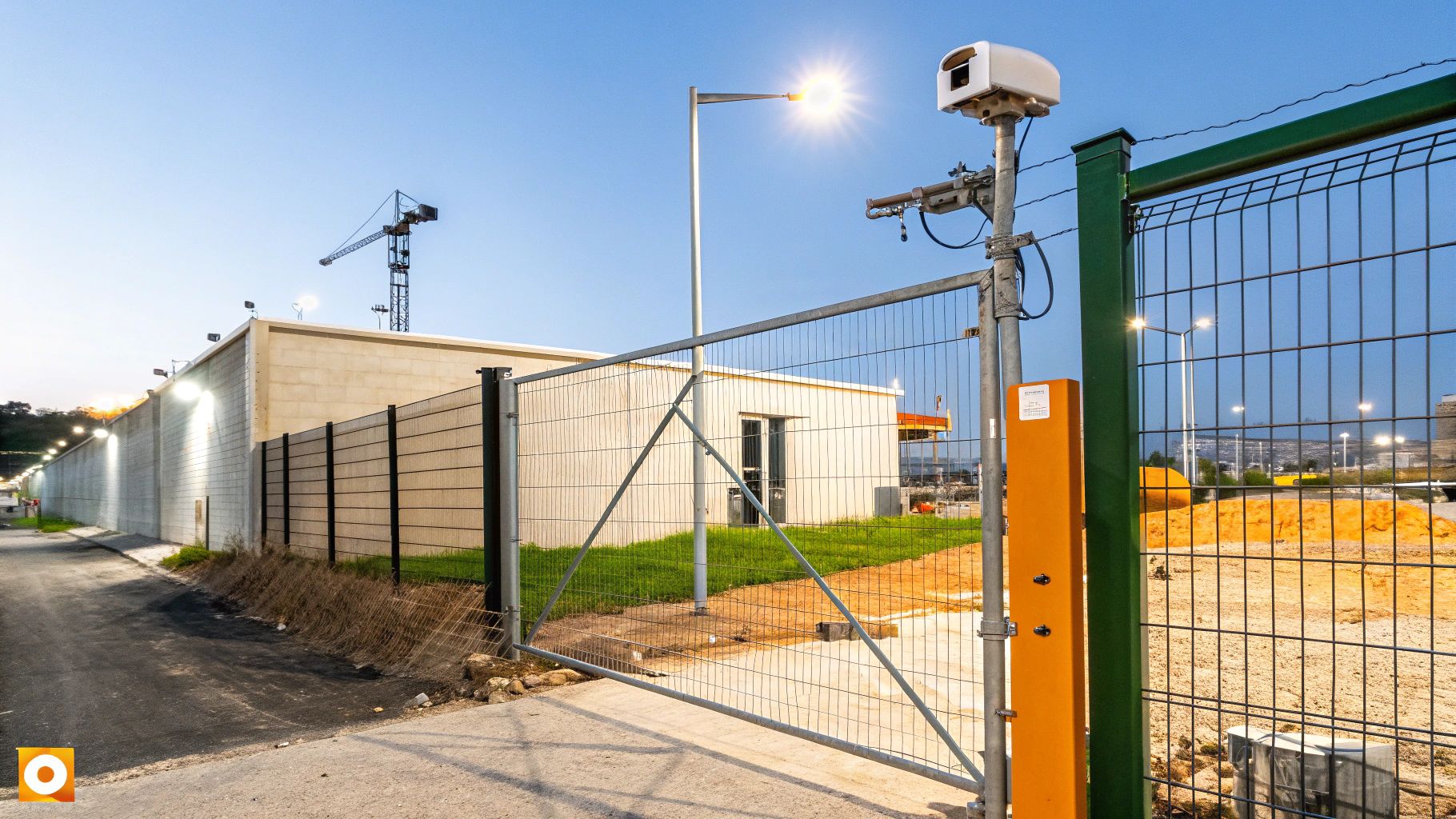 כניסה מגודרת לאתר בנייה עם שער מתכת, מצלמת אבטחה, תאורת רחוב ובניינים ברקע.