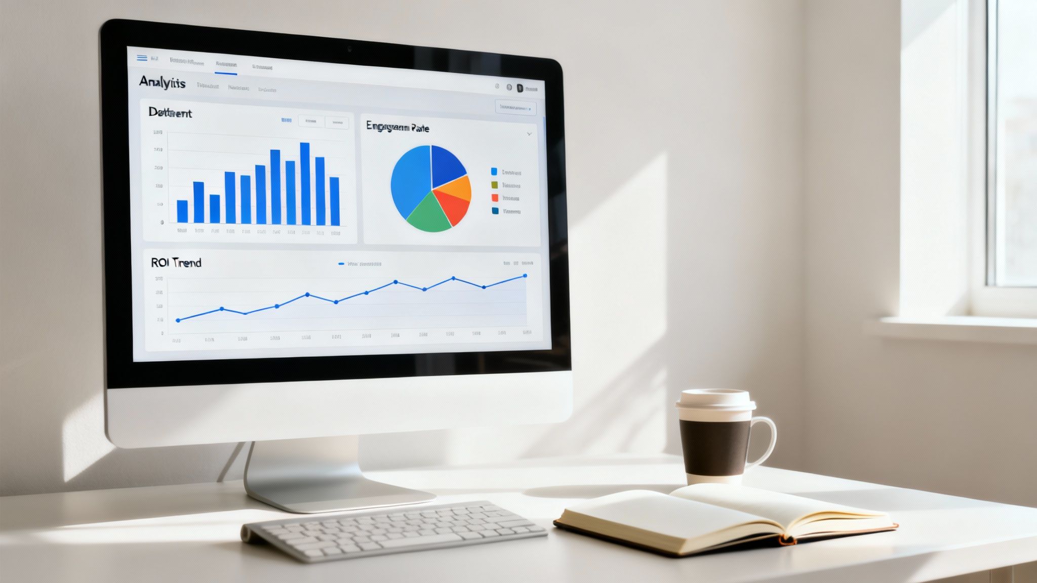 A clean workspace with a computer displaying business analytics and charts, a keyboard, coffee, and an open notebook.