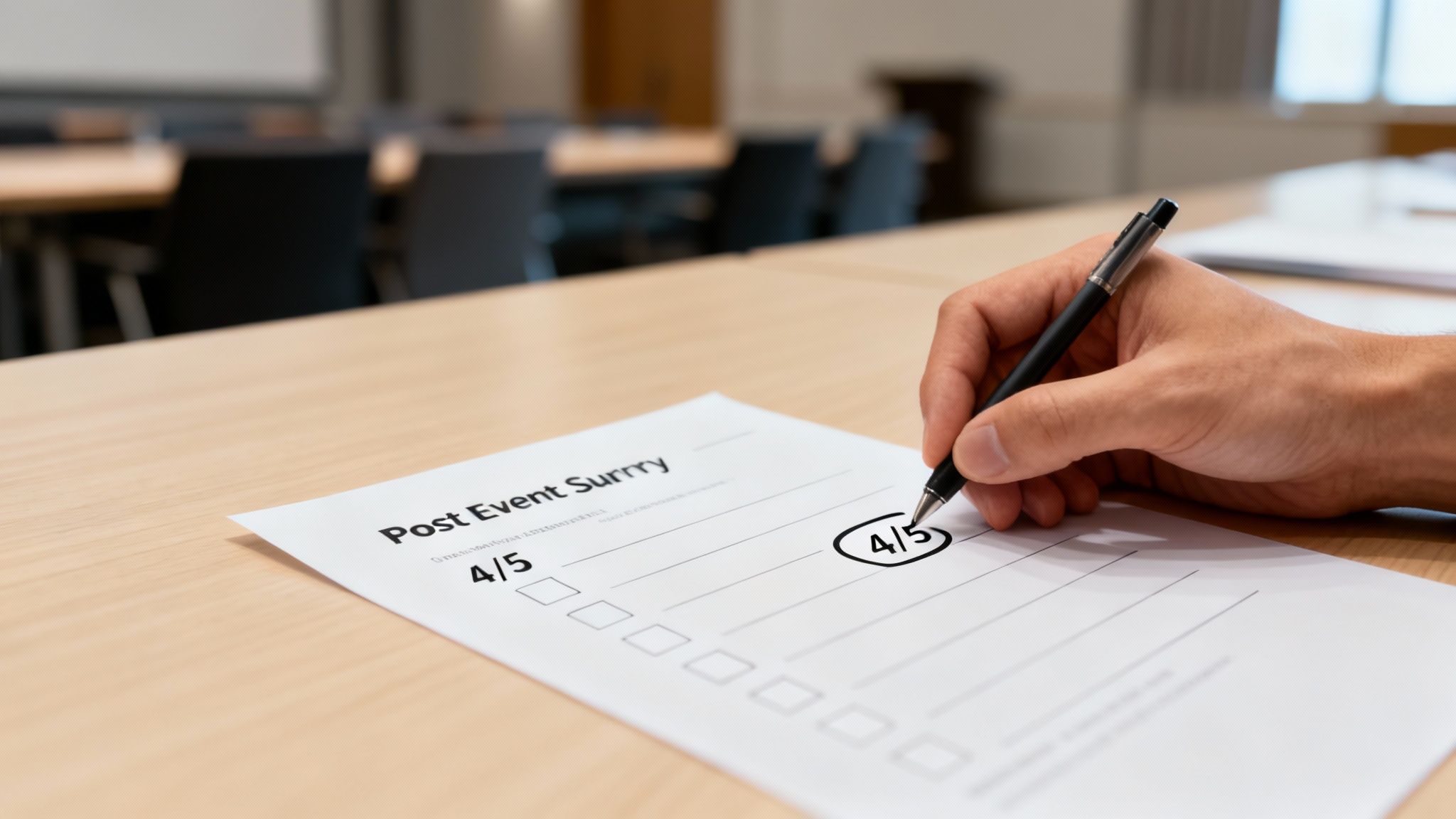 A person's hand uses a pen to circle a '4/5' rating on a 'Post Event Survey' form on a wooden table.