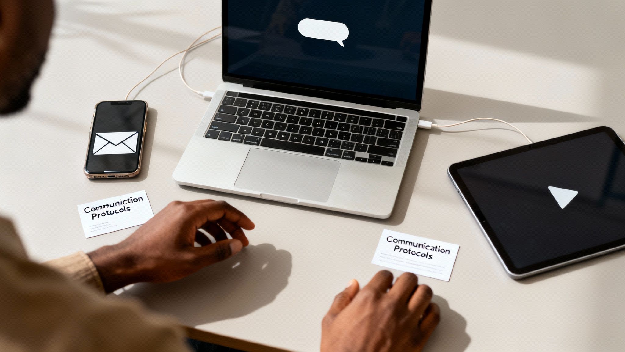 Overhead view of a person's hands on a desk with a laptop, smartphone, and tablet displaying communication icons.