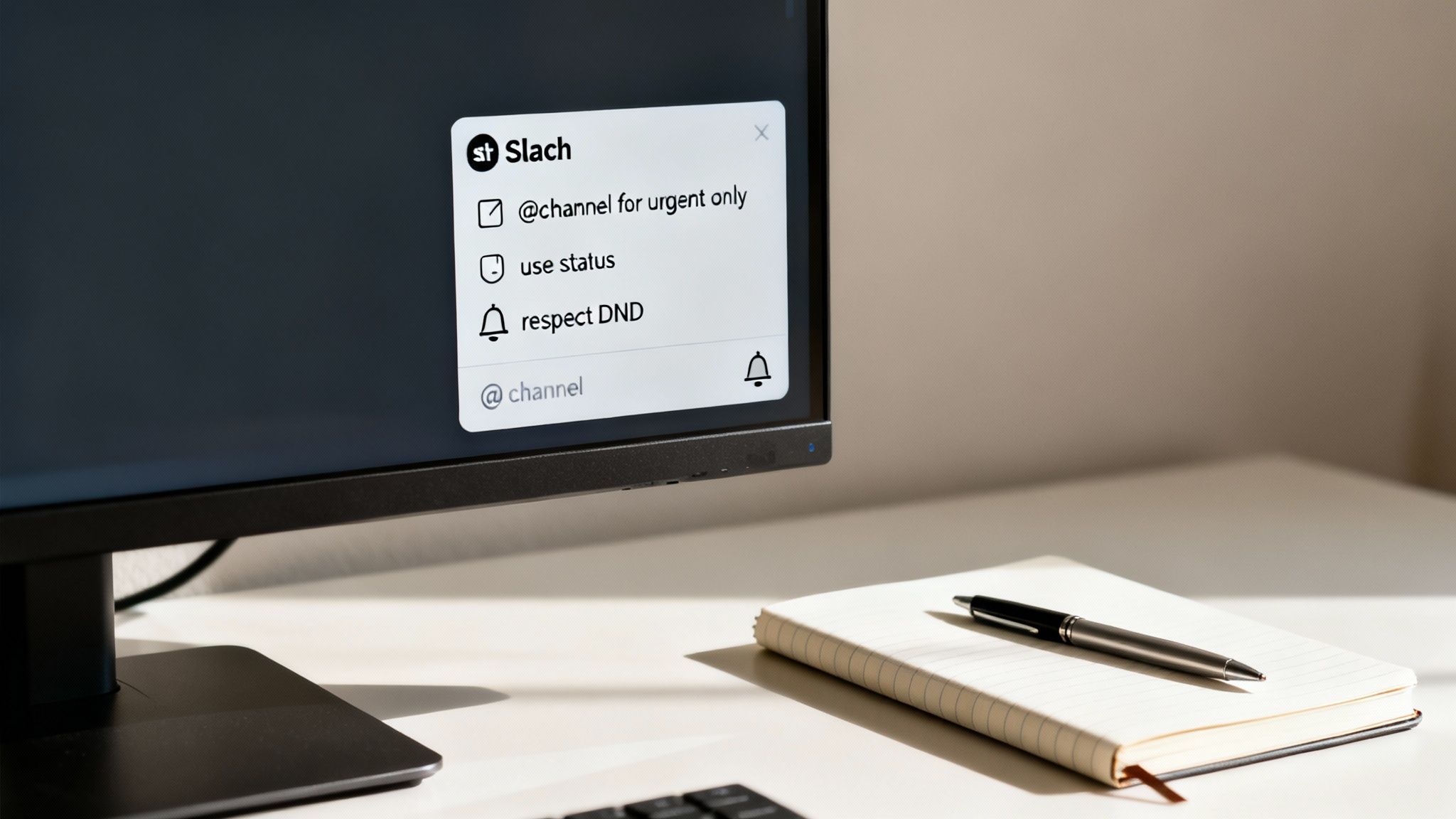 A computer monitor displays Slack guidelines for urgent messages, status, and 'Do Not Disturb', next to a notebook and pen.