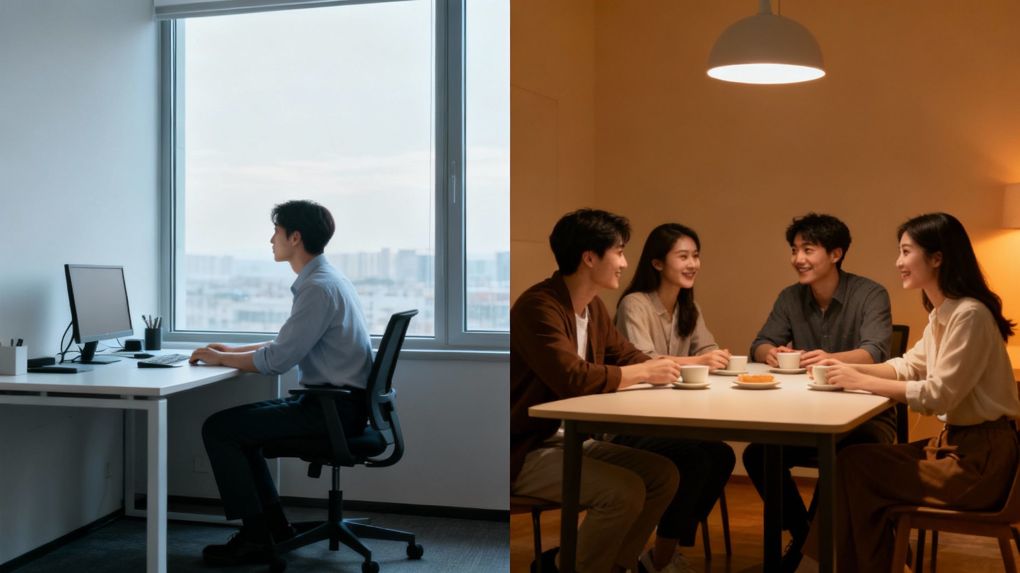 Two colleagues collaborating at a desk, looking engaged and happy.