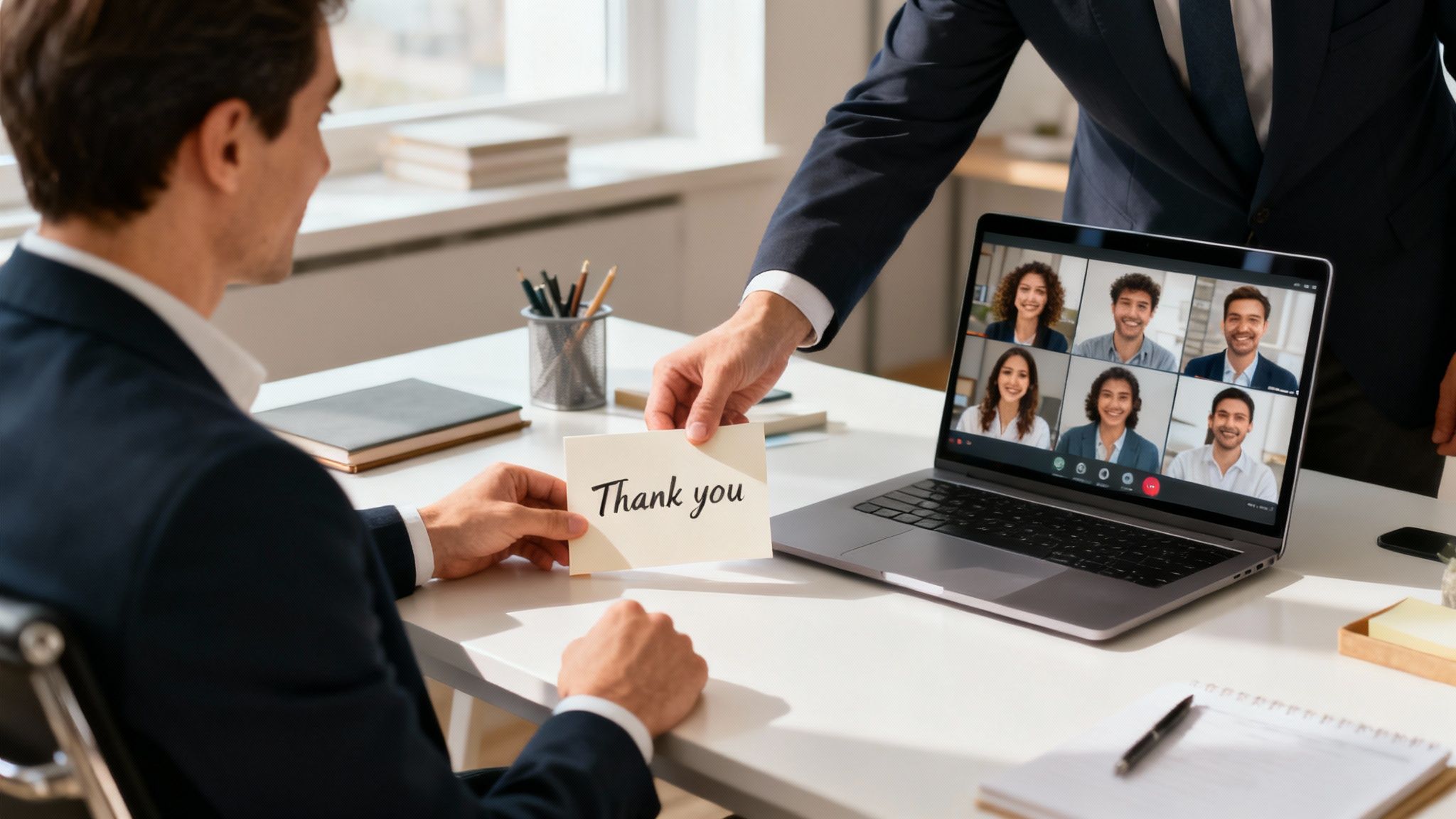 Business professionals exchanging thank you card during video conference call with remote team members