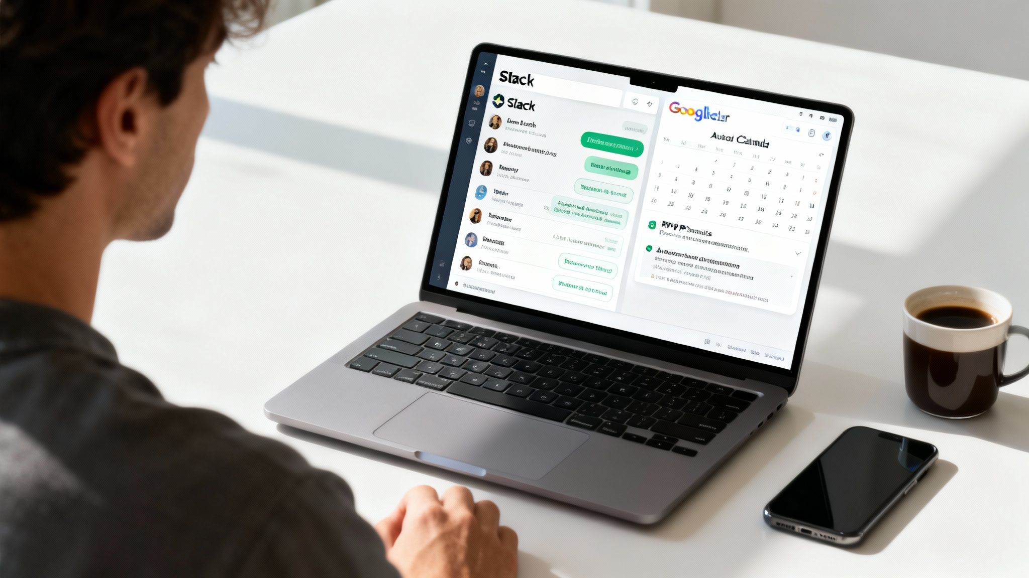 Person using a laptop with Slack and Google Calendar, a coffee mug, and a phone on a desk.