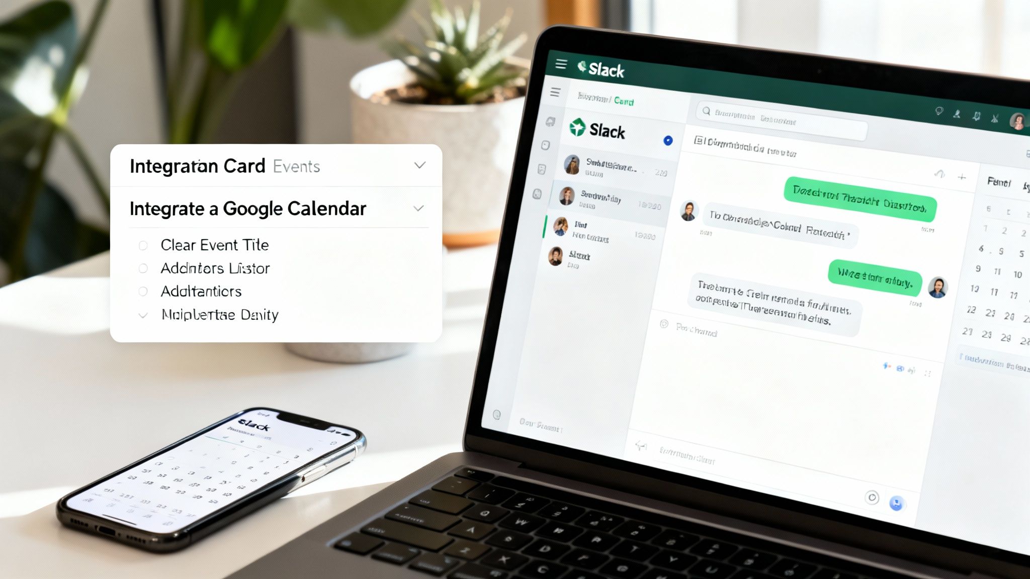 A laptop and phone display Slack, showing Google Calendar integration options for events.