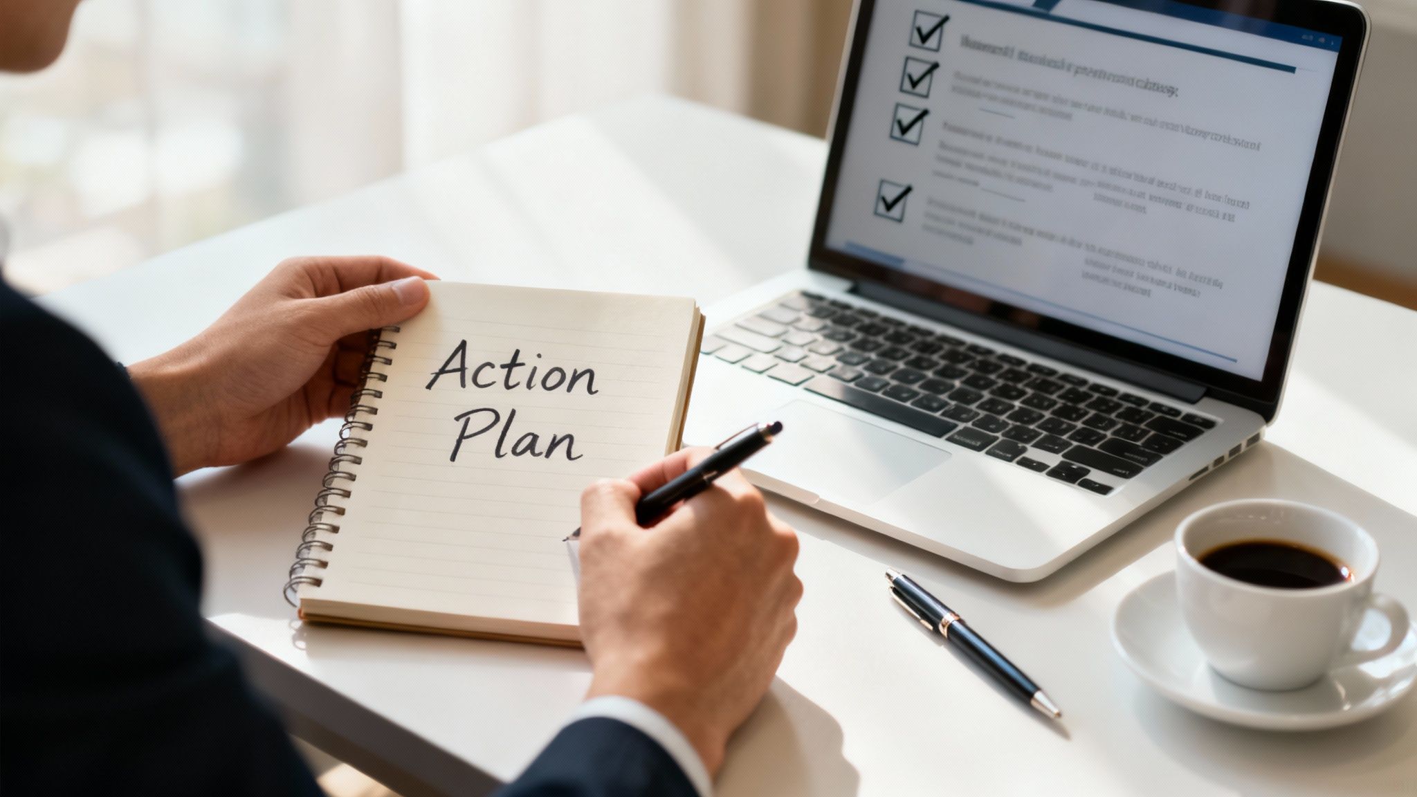 Professional writing action plan in notebook with laptop displaying checklist and coffee cup