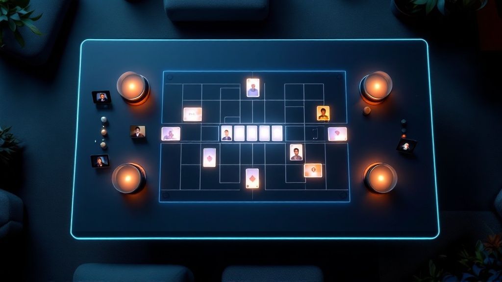 A group of friends playing a virtual board game on their laptops.