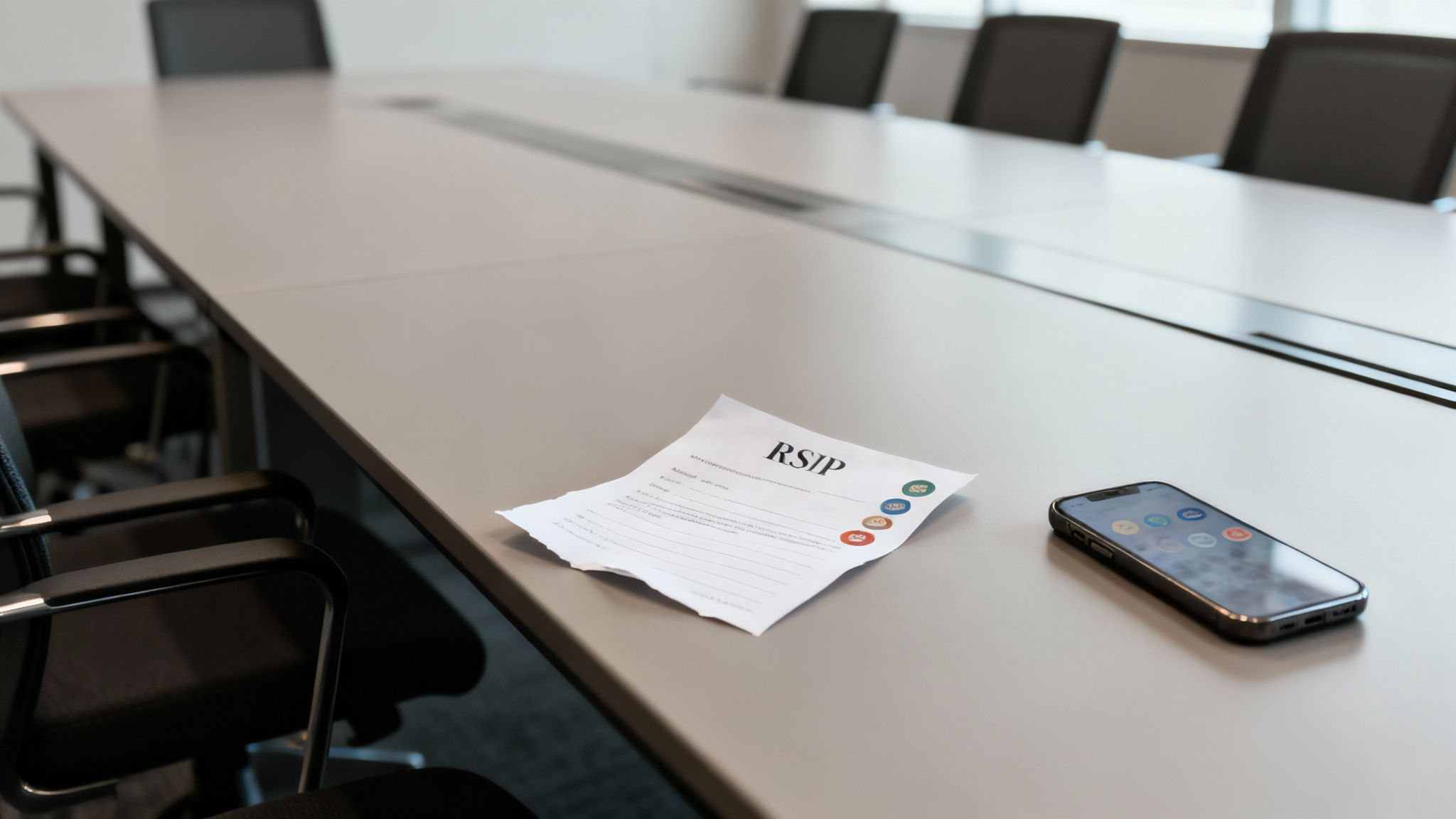 An RSVP form and a smartphone resting on a grey conference room table.