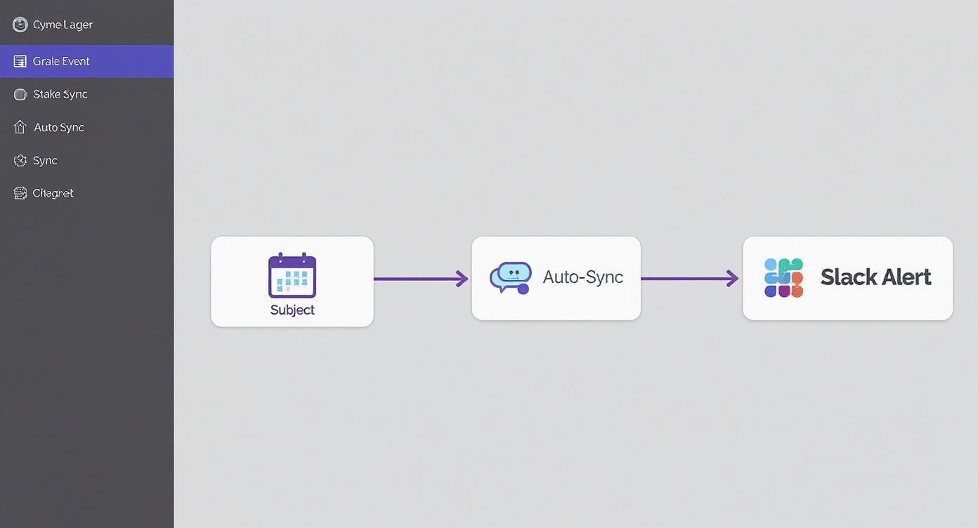 A workflow diagram displays Subject event triggering Auto-Sync, then sending a Slack Alert notification.