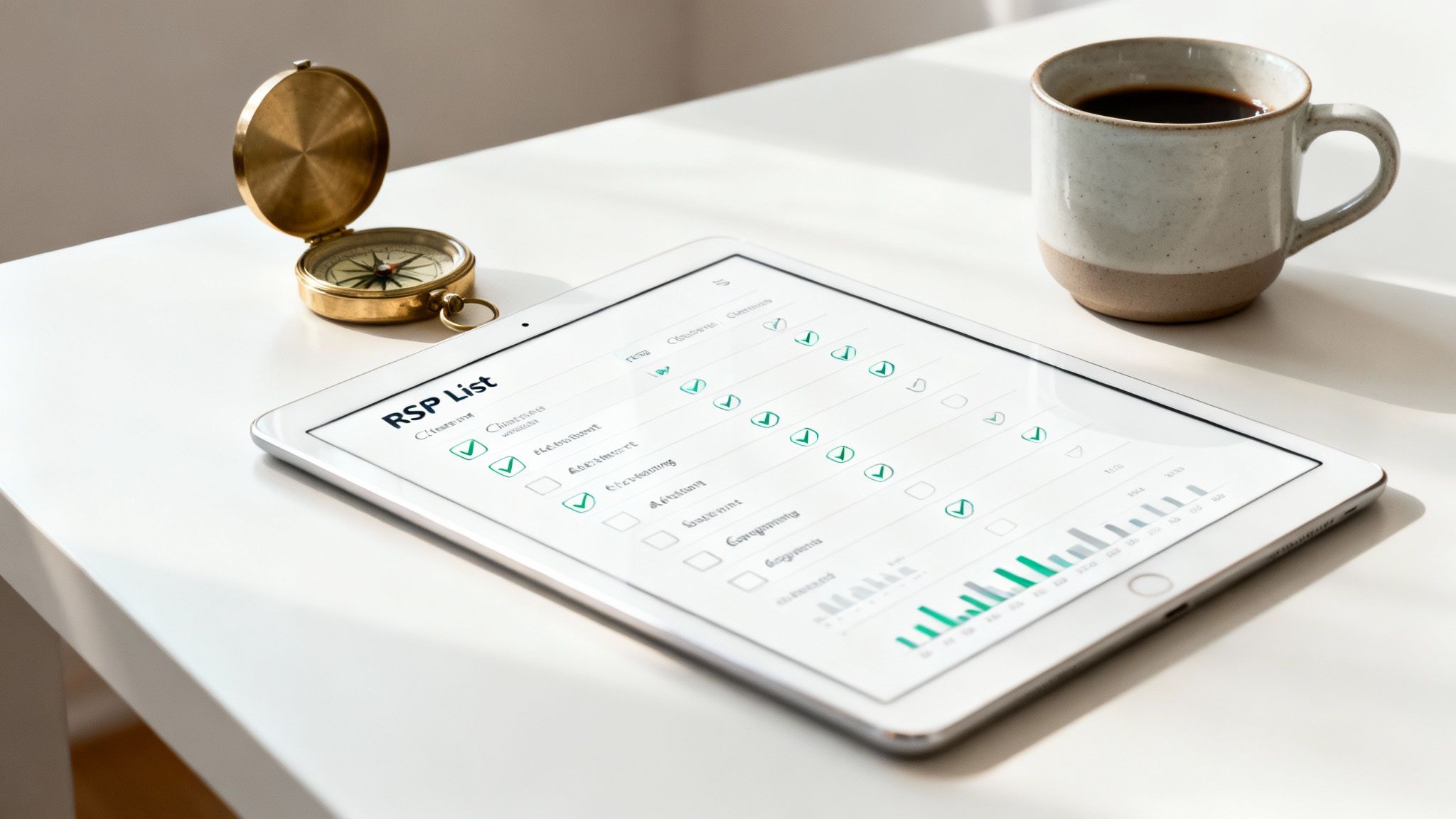 Tablet displaying RSVP list with checkmarks next to coffee cup and compass on white desk