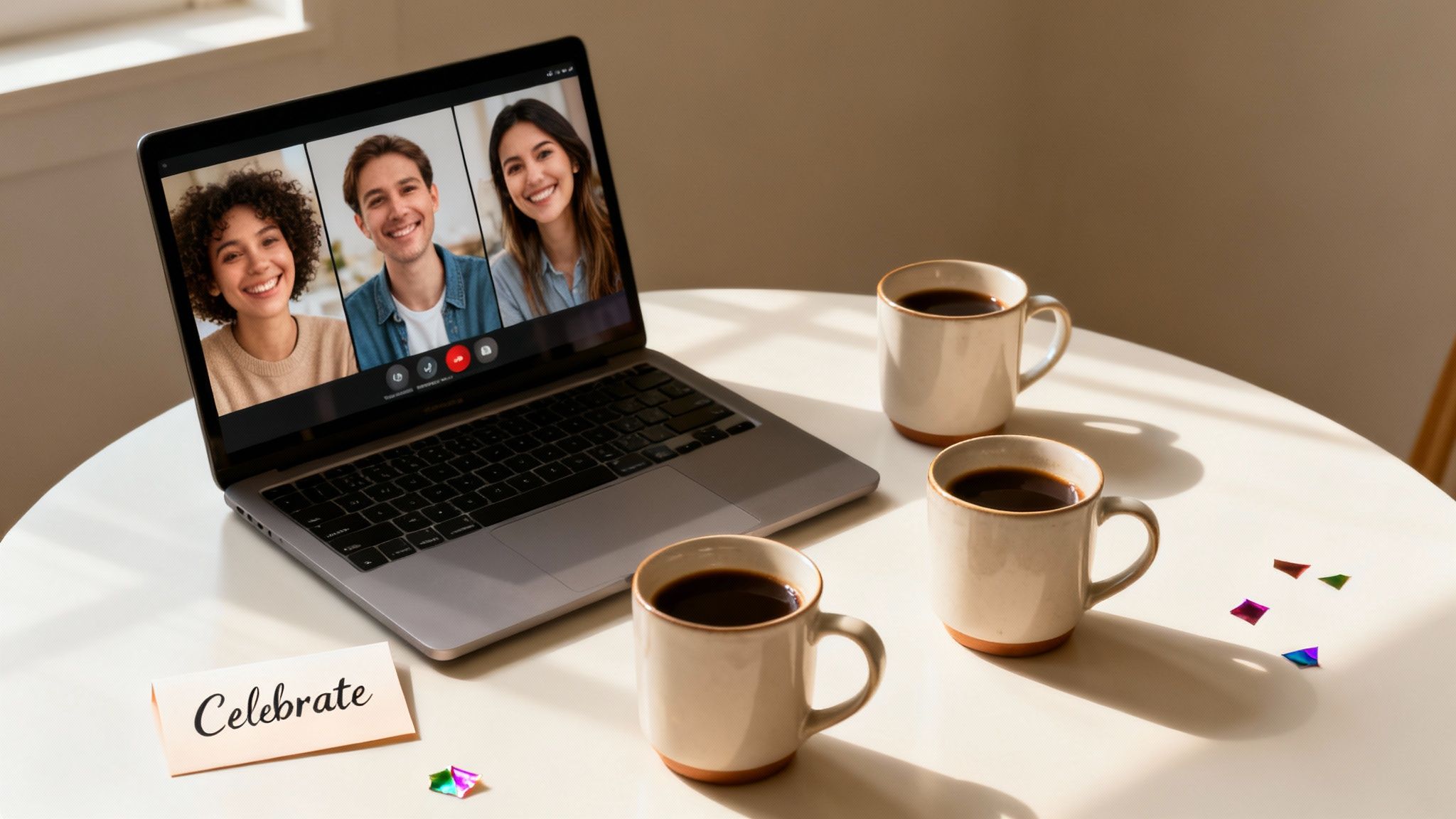 A laptop on a sunlit table showing a video call with three smiling people, coffee mugs, and a 'Celebrate' card.