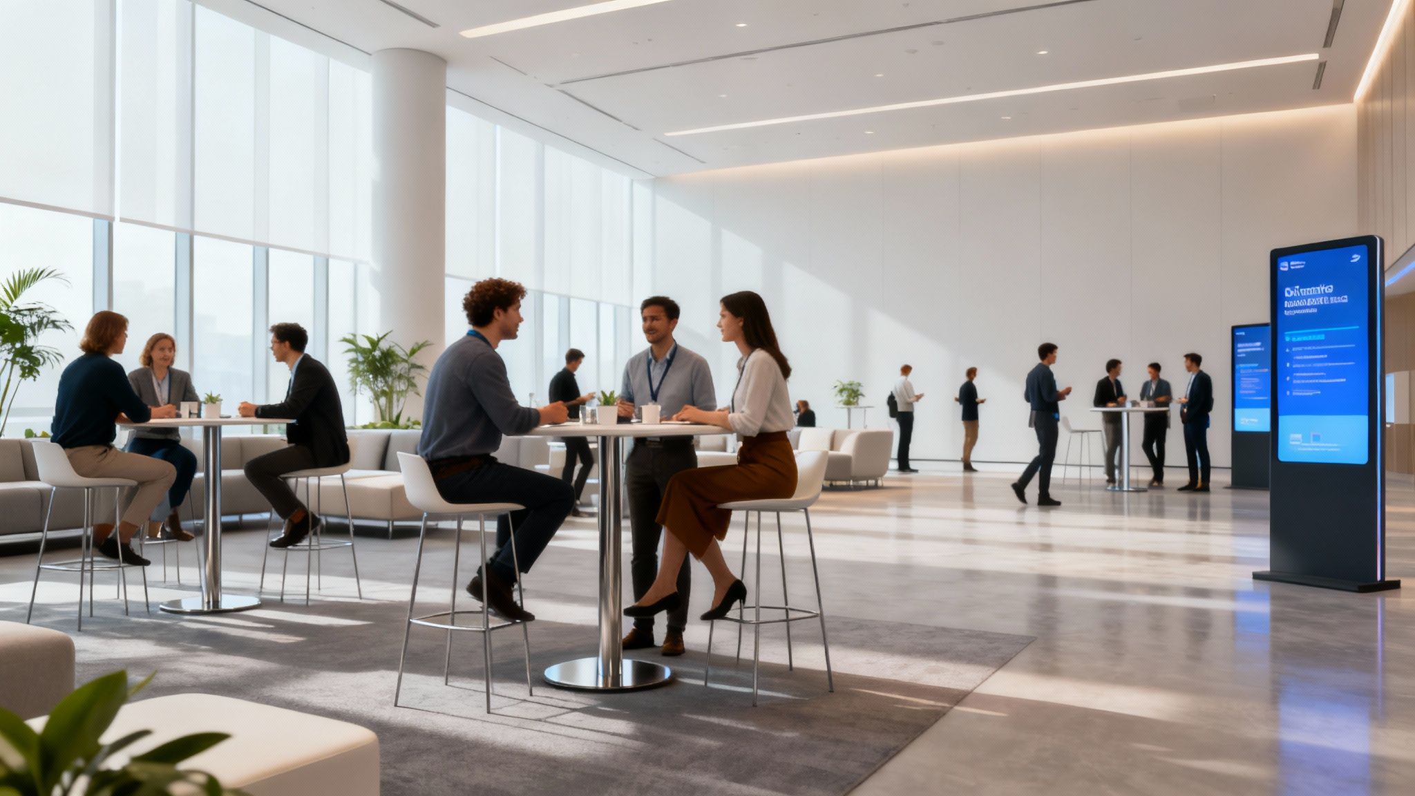 A group of engaged attendees networking and collaborating in a modern event space.