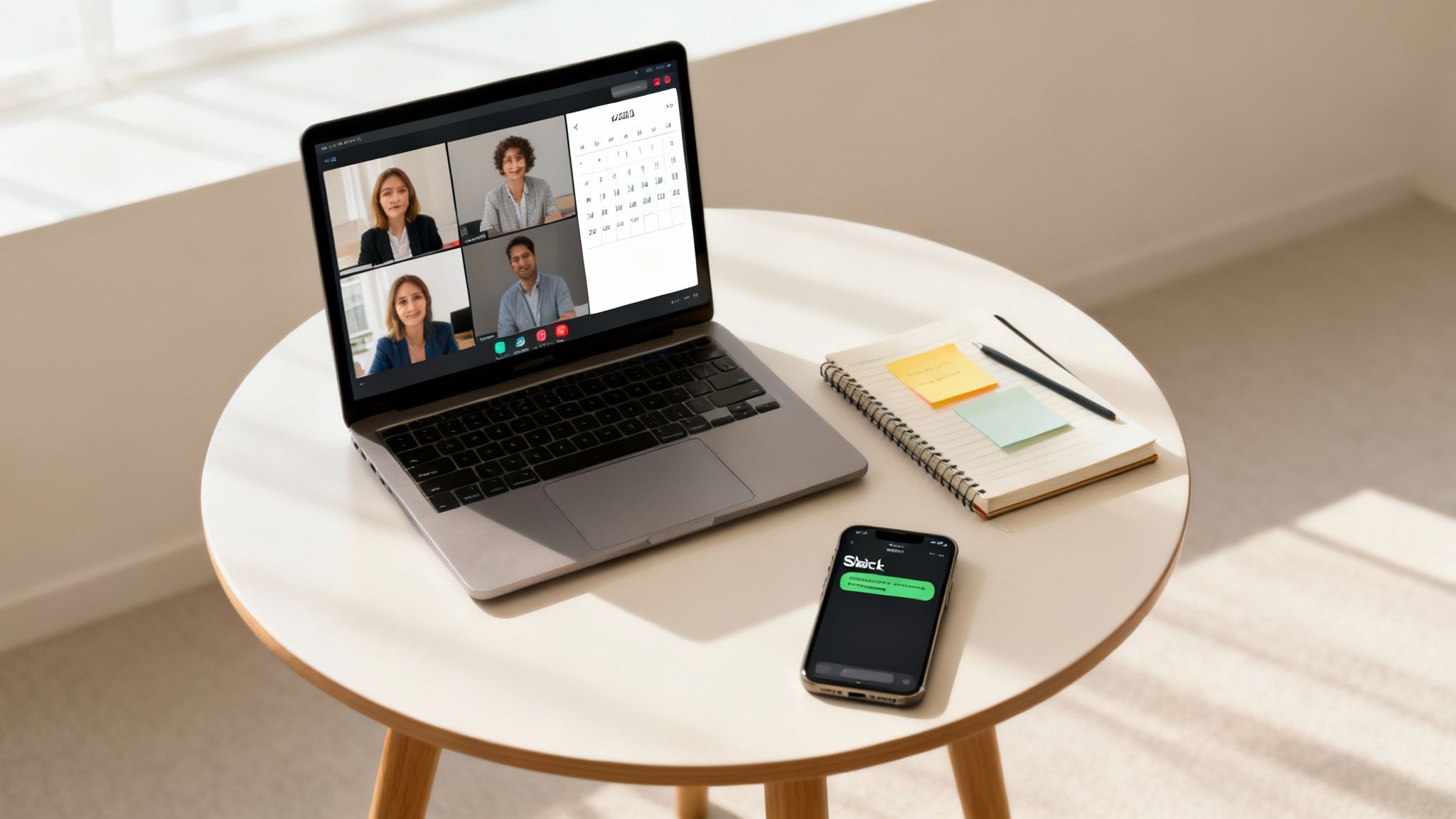 Screenshot from https://be--there.co showing a Be There event post in Slack with title, date, location, description, and RSVP buttons.