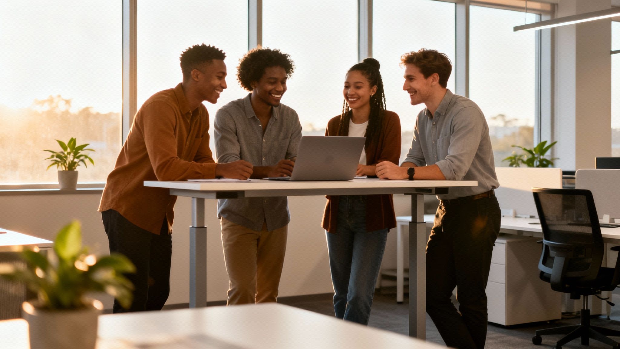 Four diverse young professionals collaborating happily around a laptop in a bright modern office setting.