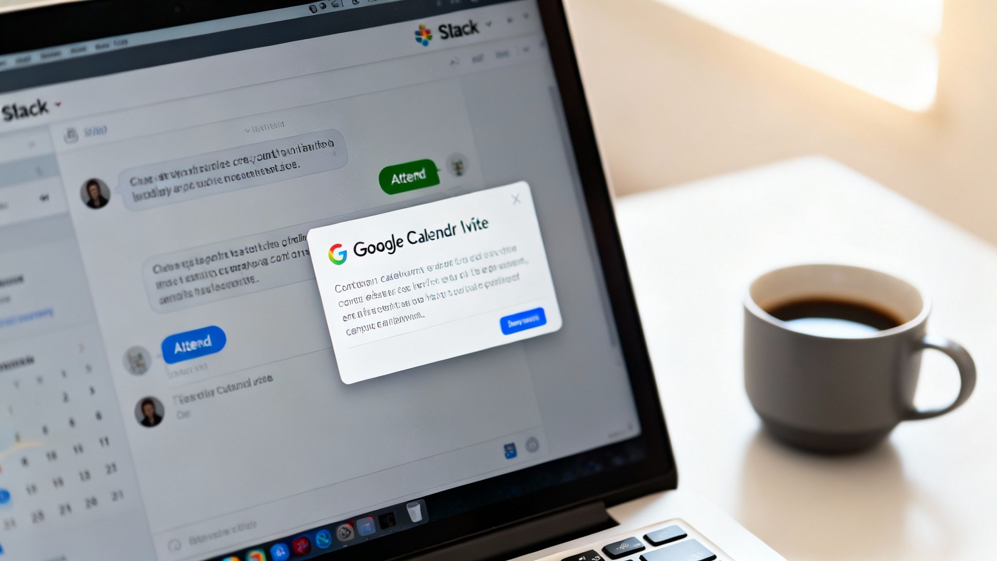 A laptop displays a Slack chat with a Google Calendar invite pop-up next to a coffee cup.