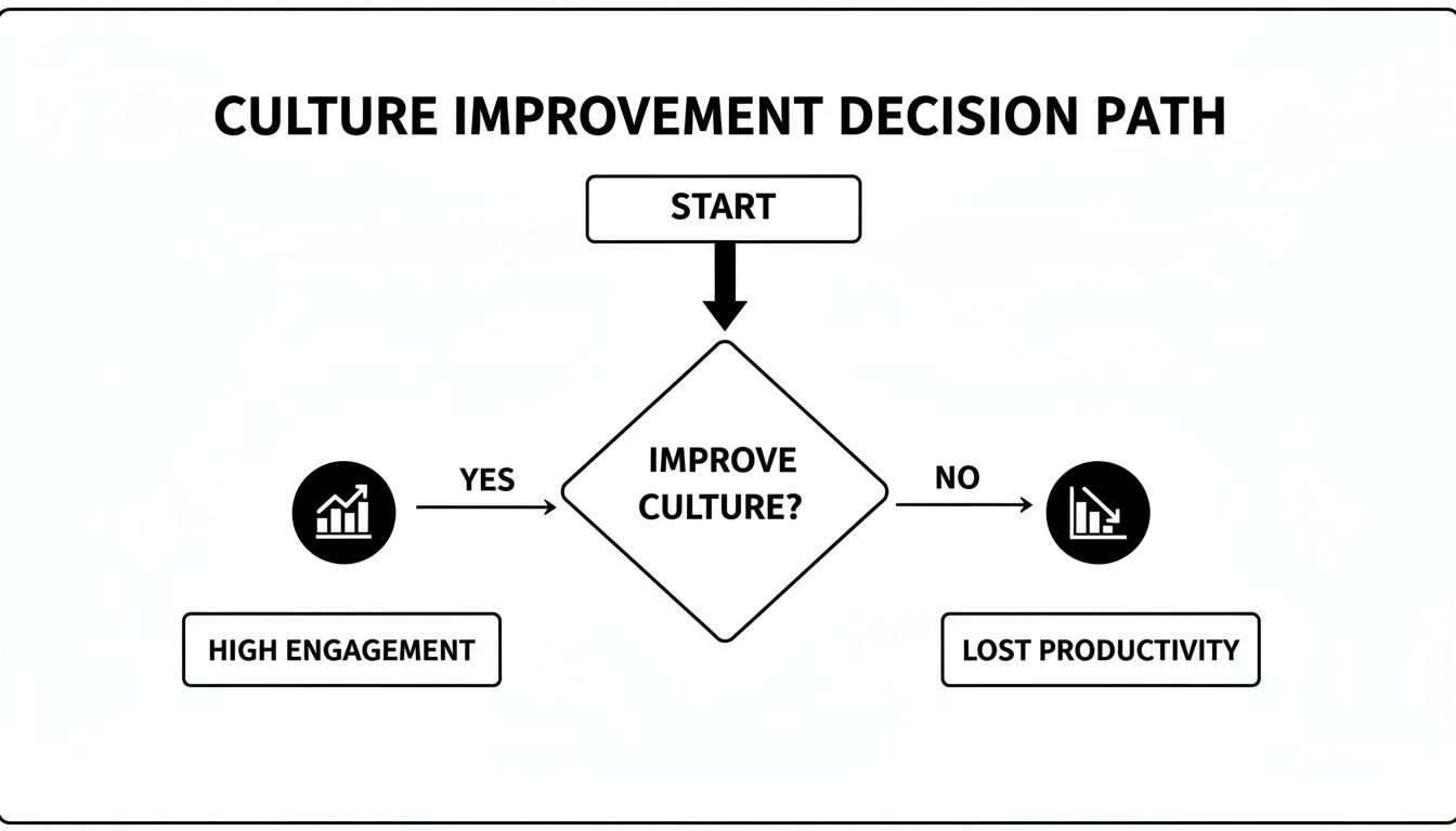 A flowchart illustrating the culture improvement decision path, leading to high engagement or lost productivity.