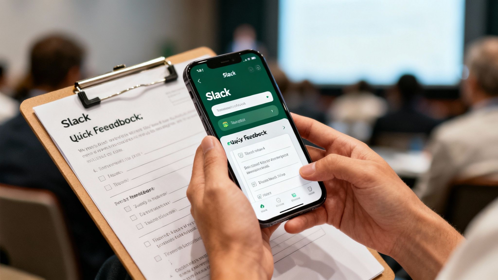 Person holding a smartphone with a Slack feedback form and a physical clipboard feedback sheet at an event.