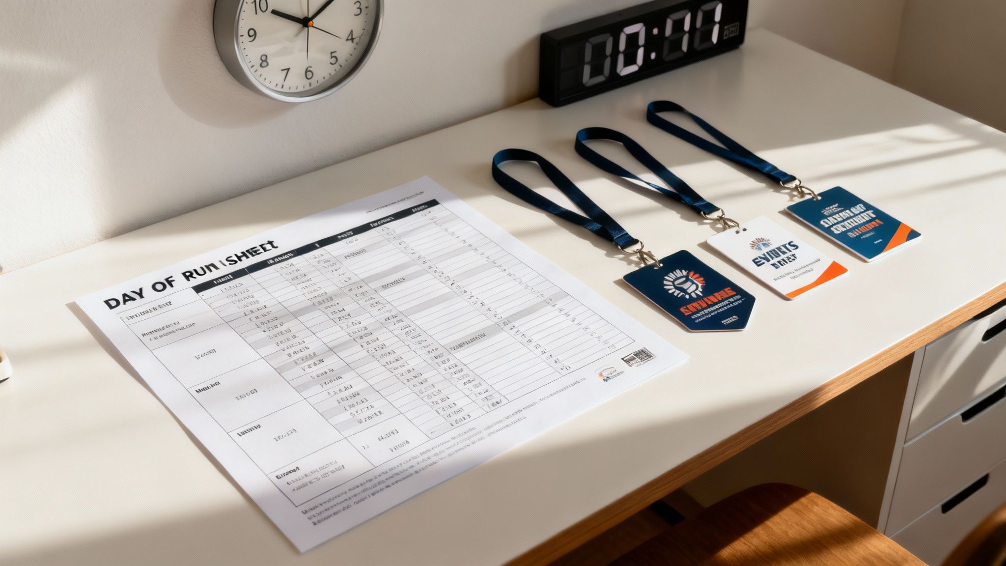 A team in a final briefing session, looking at a checklist on a tablet before an event.