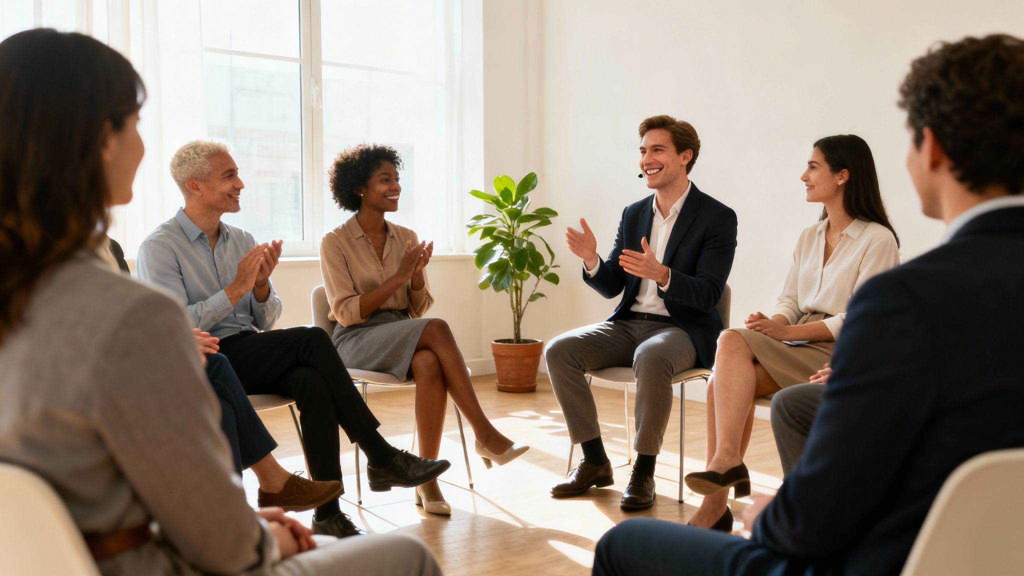 Smiling diverse professionals in a circle, engaged in a vibrant discussion or workshop.