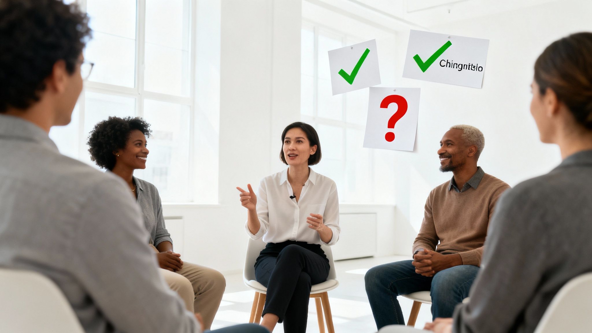 Diverse adults engaged in a group discussion, with notes showing checkmarks and a question mark.