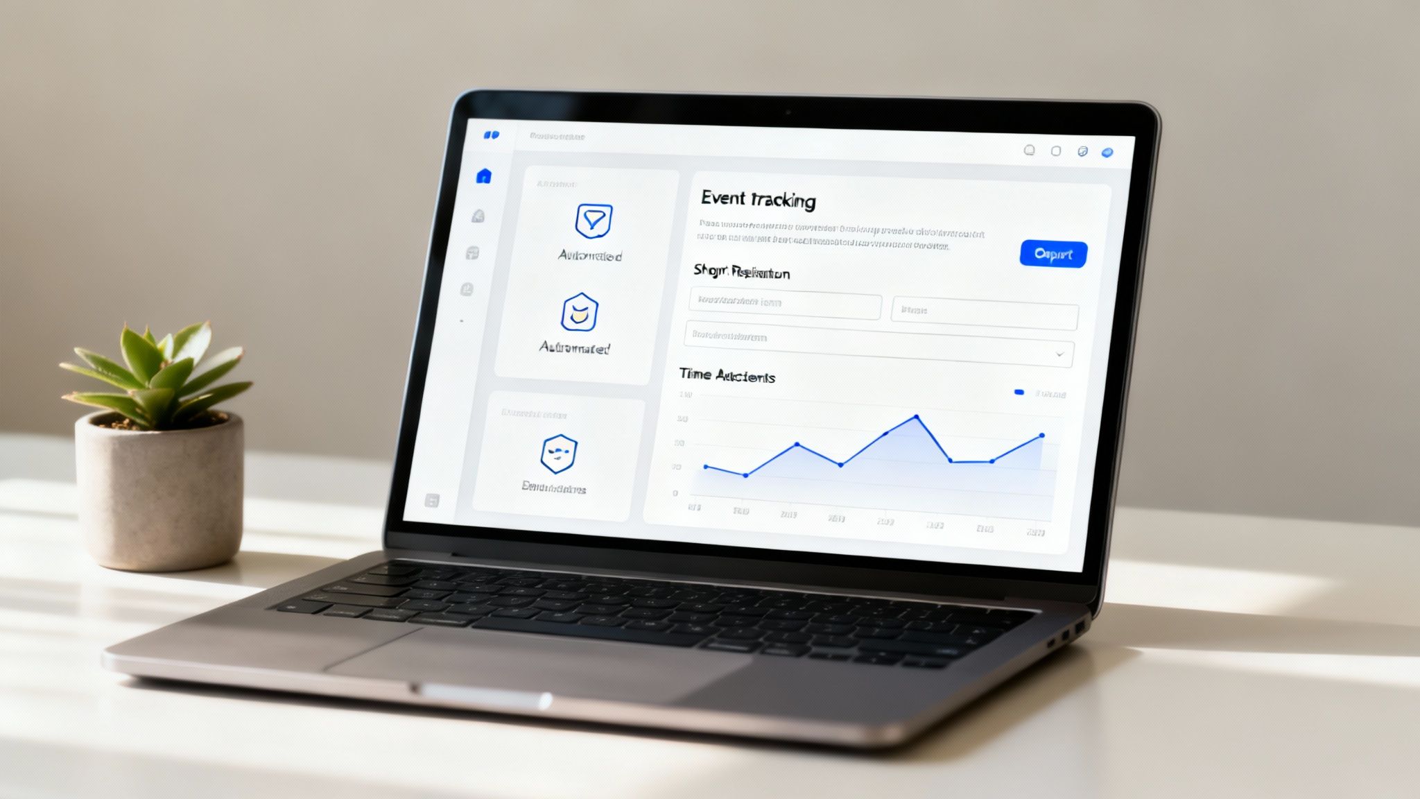 Laptop displaying event tracking software dashboard with analytics graph and registration form on desk