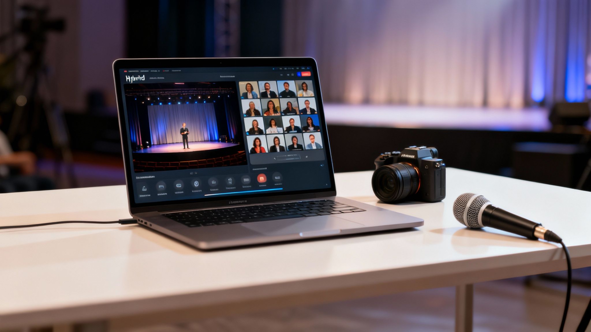 Hybrid event setup with a laptop displaying a speaker on stage and virtual attendees, alongside a camera and microphone.