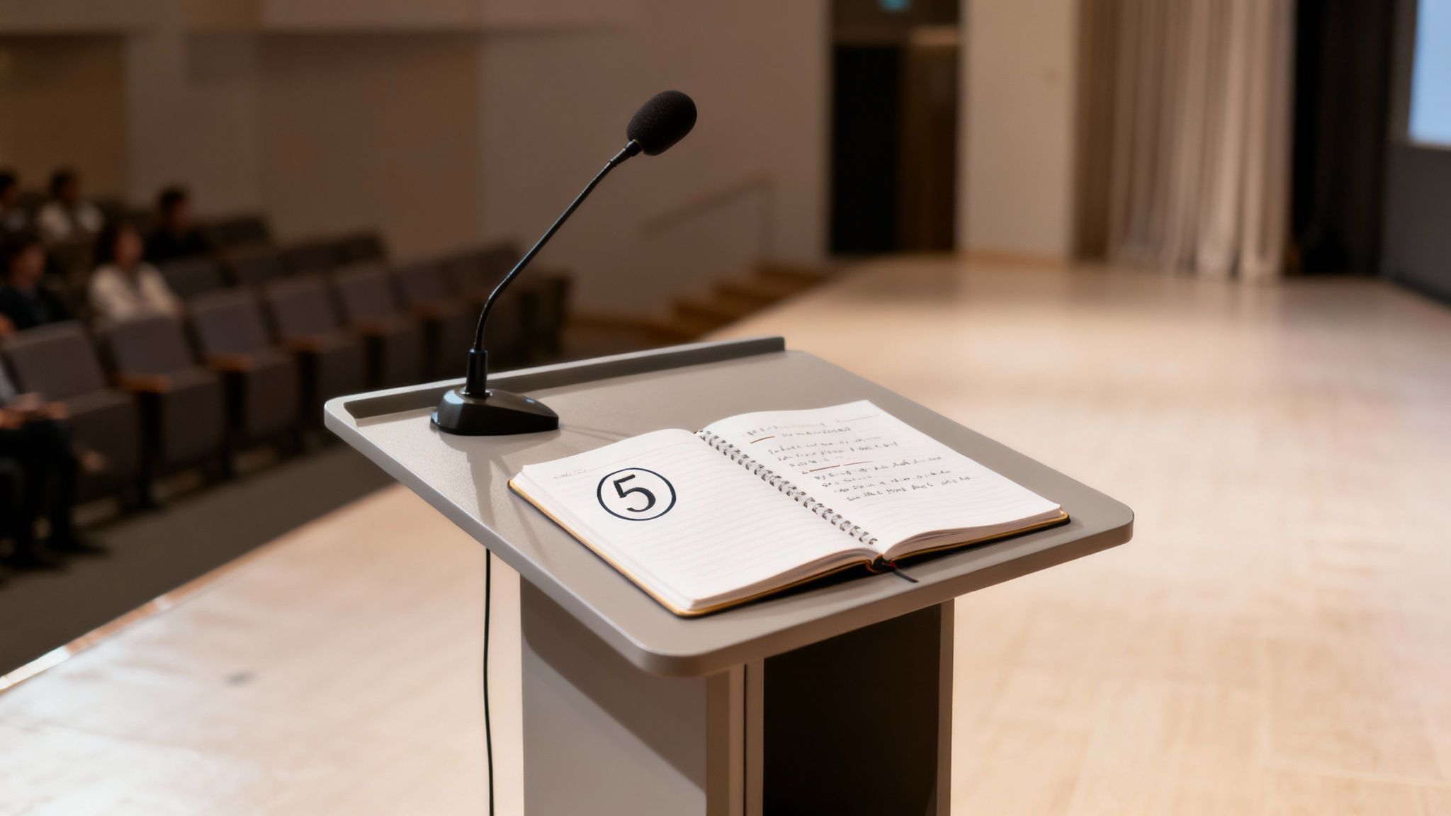 A podium with a microphone and an open notebook displaying '5' and notes, in an auditorium.