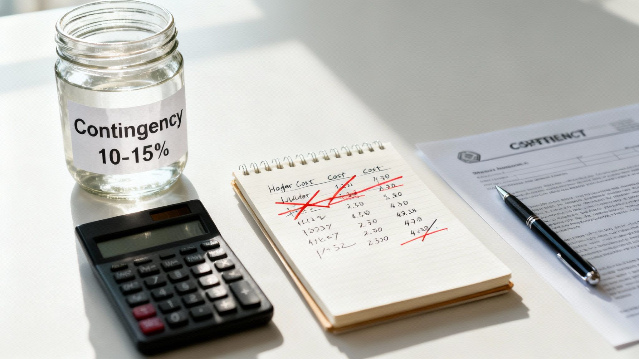 A jar labeled 'Contingency 10-15%', calculator, notebook with crossed-out costs, pen, and document.