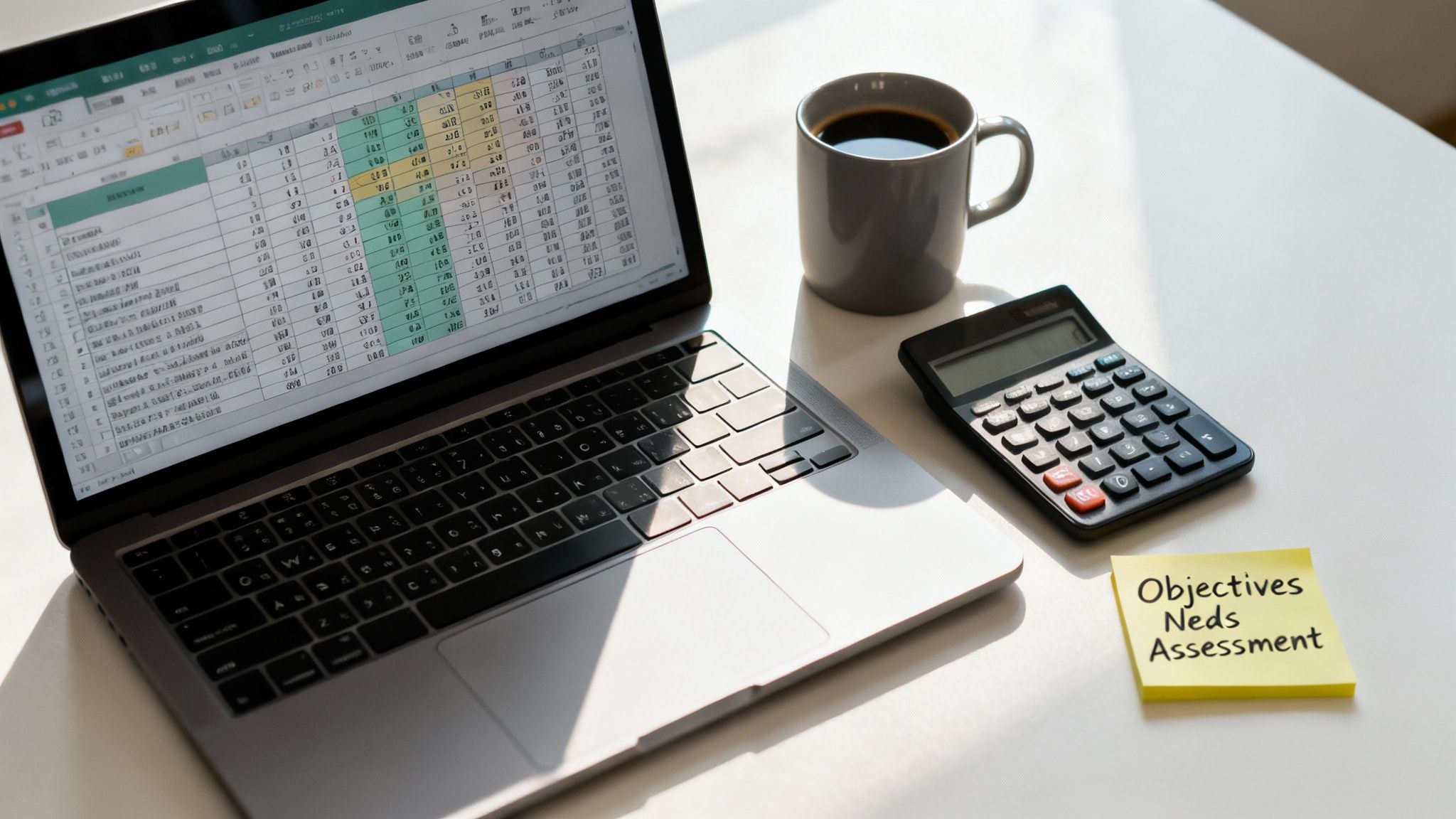 A person writing in in a notebook at a desk with a laptop and coffee, illustrating event budget planning.