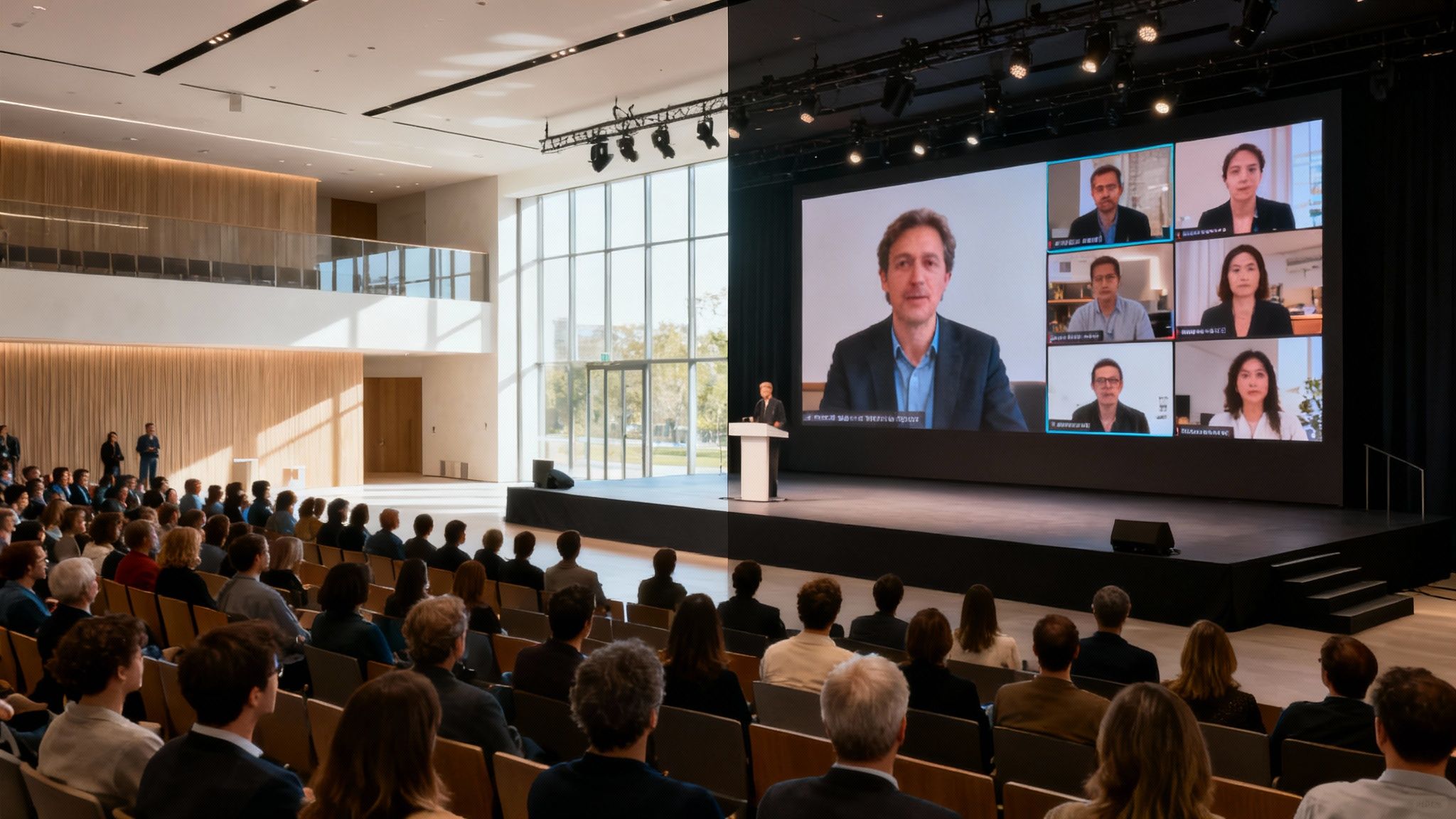 A person attending a virtual event on their laptop, with a professional speaker on the screen.