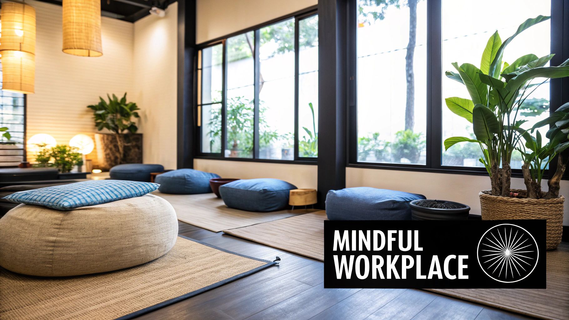 A serene mindfulness zone in a modern office space, reflecting Salesforce's commitment to employee mental health.