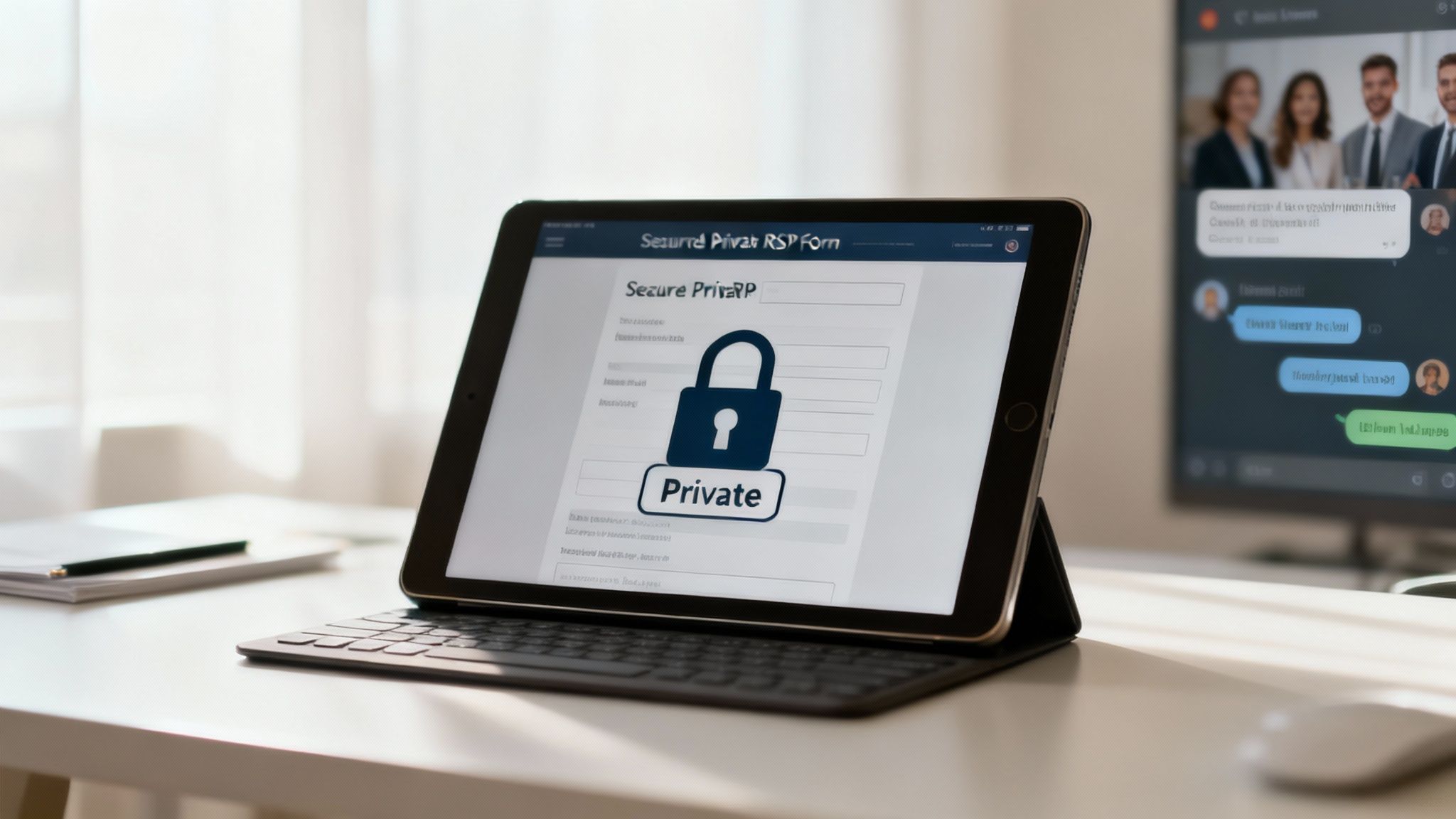 A tablet displaying a secure private registration form with a padlock icon on a desk.