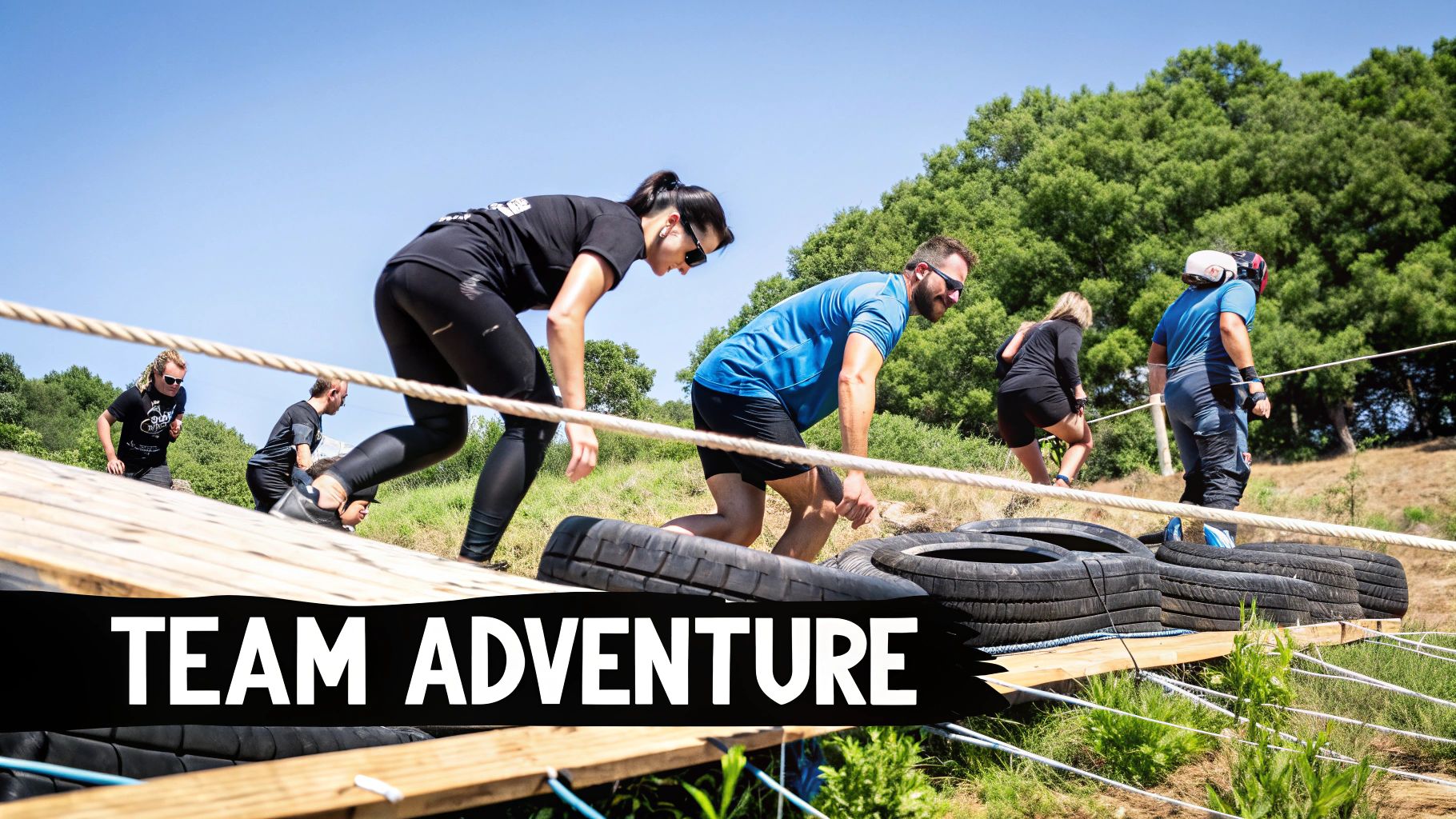 A team works together to navigate a rope course suspended high up in a forest, demonstrating teamwork and trust in an outdoor adventure setting.