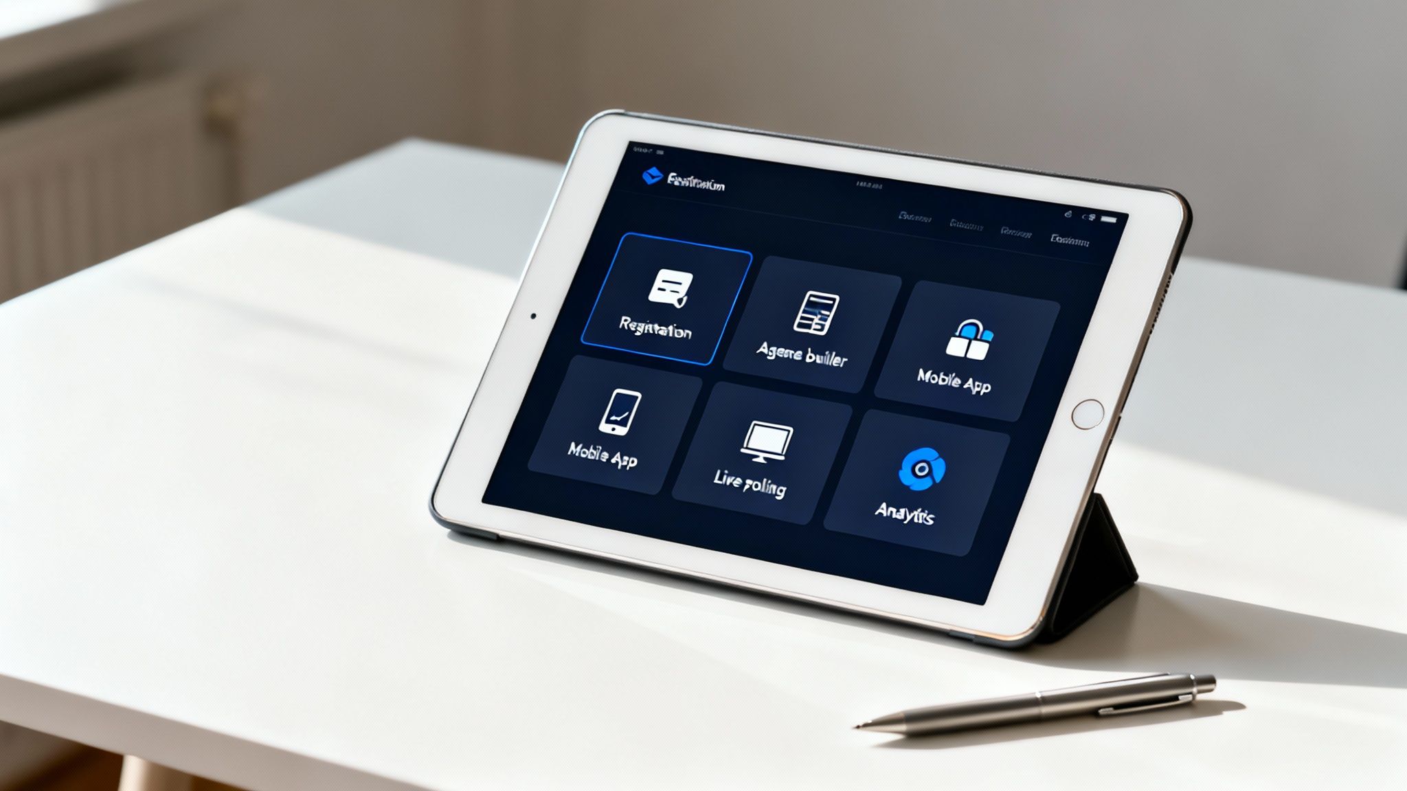 A white tablet on a desk displaying a dark blue corporate event management software interface with various app options.